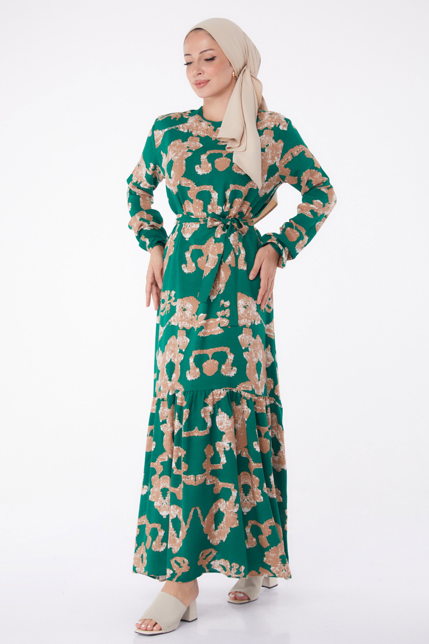 Desenli Kuşaklı Elbise Yesil - 26026 - 3