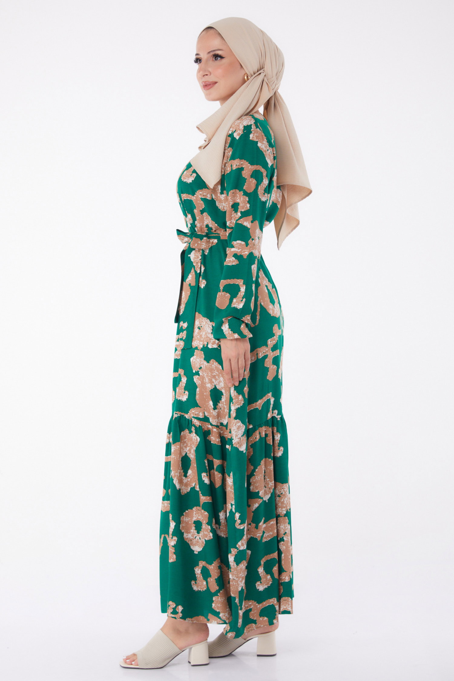 Desenli Kuşaklı Elbise Yesil - 26026 - 4