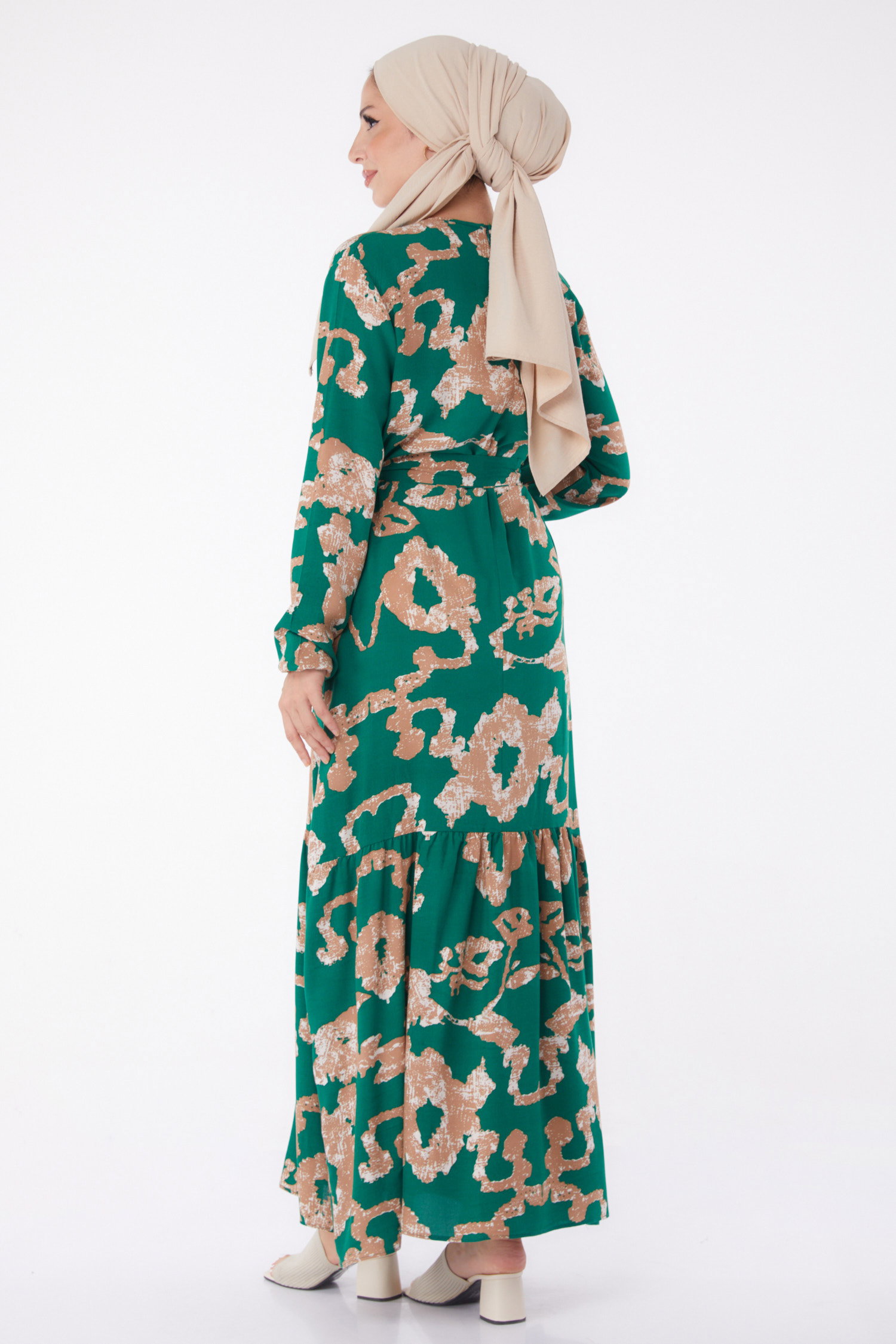 Desenli Kuşaklı Elbise Yesil - 26026 - 5