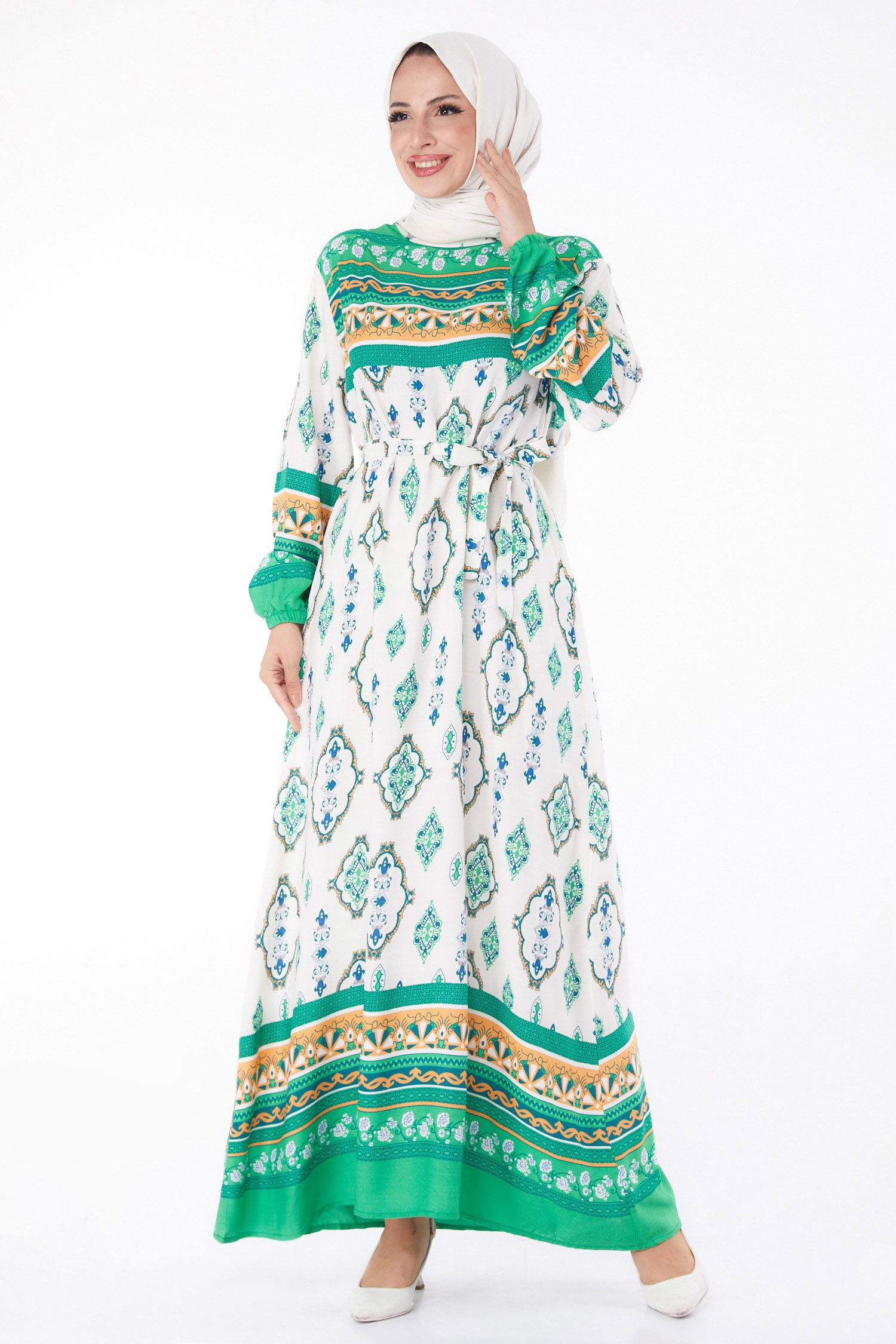 Etnik Desenli Elbise Yesil - 26225 - 1