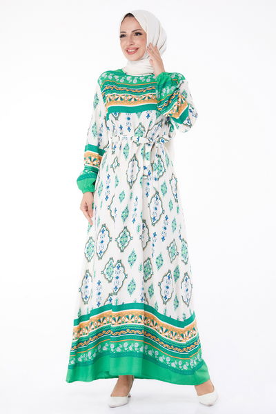 Etnik Desenli Elbise Yesil - 26225 