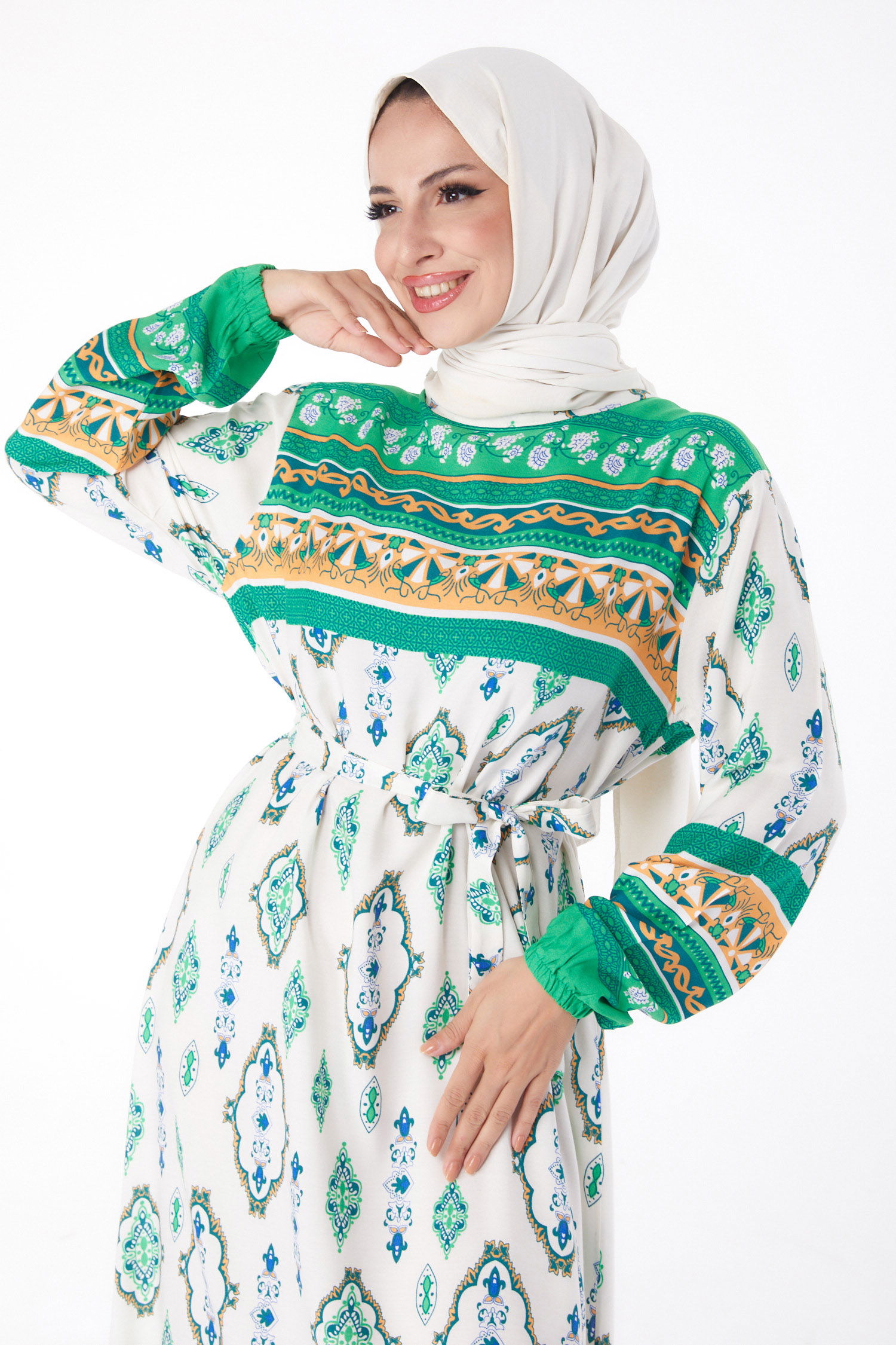 Etnik Desenli Elbise Yesil - 26225 - 2