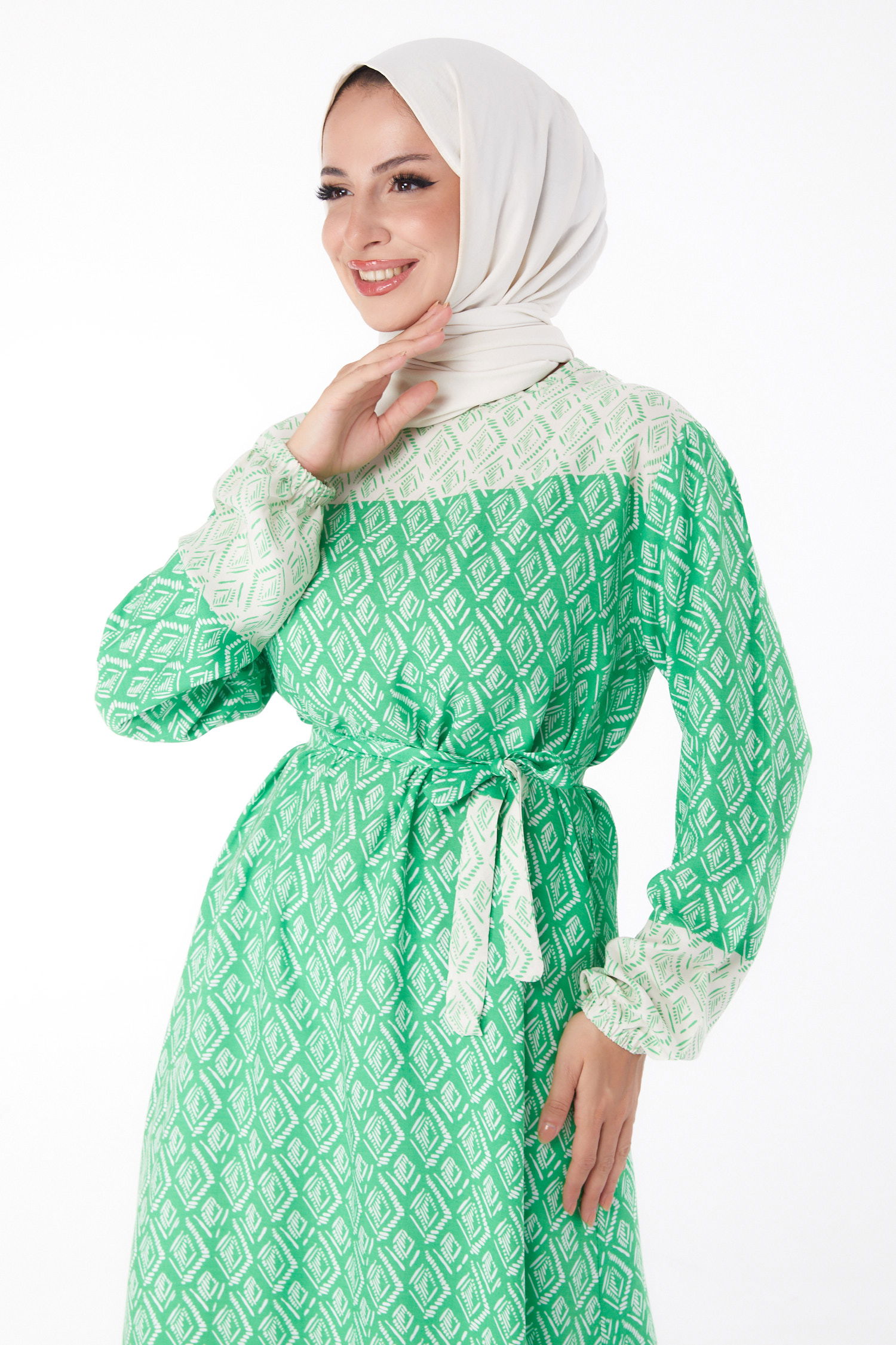 Düz Bisiklet Yaka Kadın Yesil Etnik Desenli Elbise - 26231 - 2