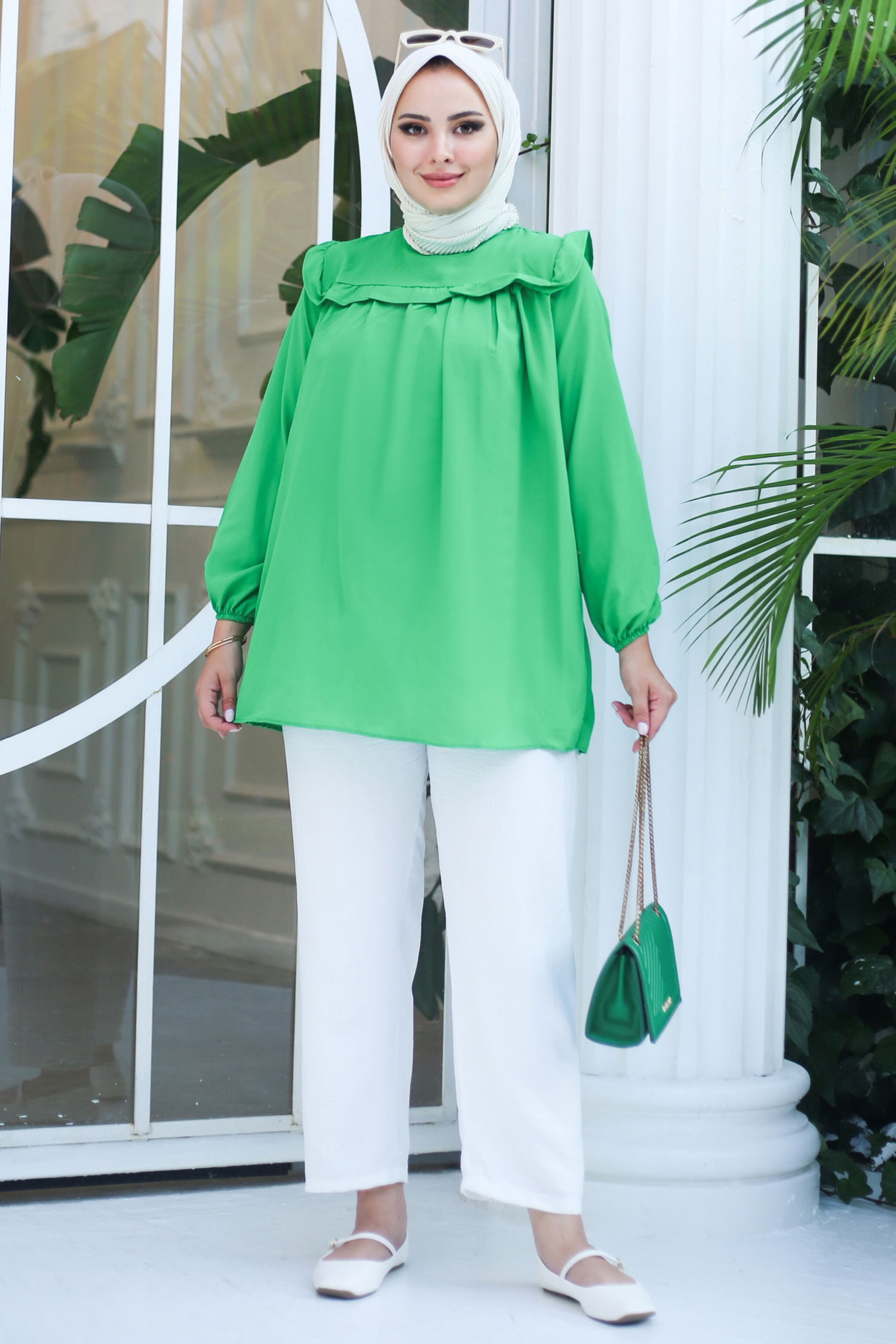 Fırfır Detaylı Tunik Yesil - 13142 - 2