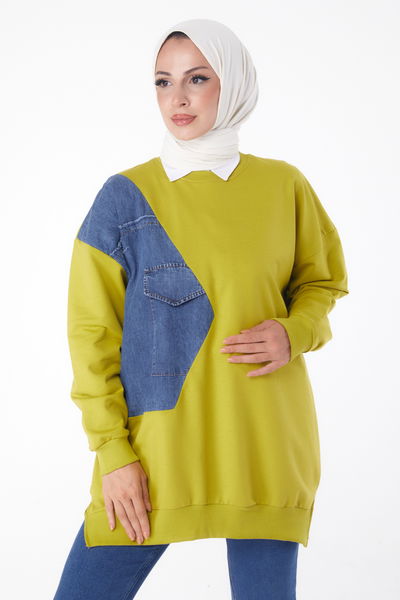 Düz Bisiklet Yaka Kadın Yesil Garnili Sweat - 26224 