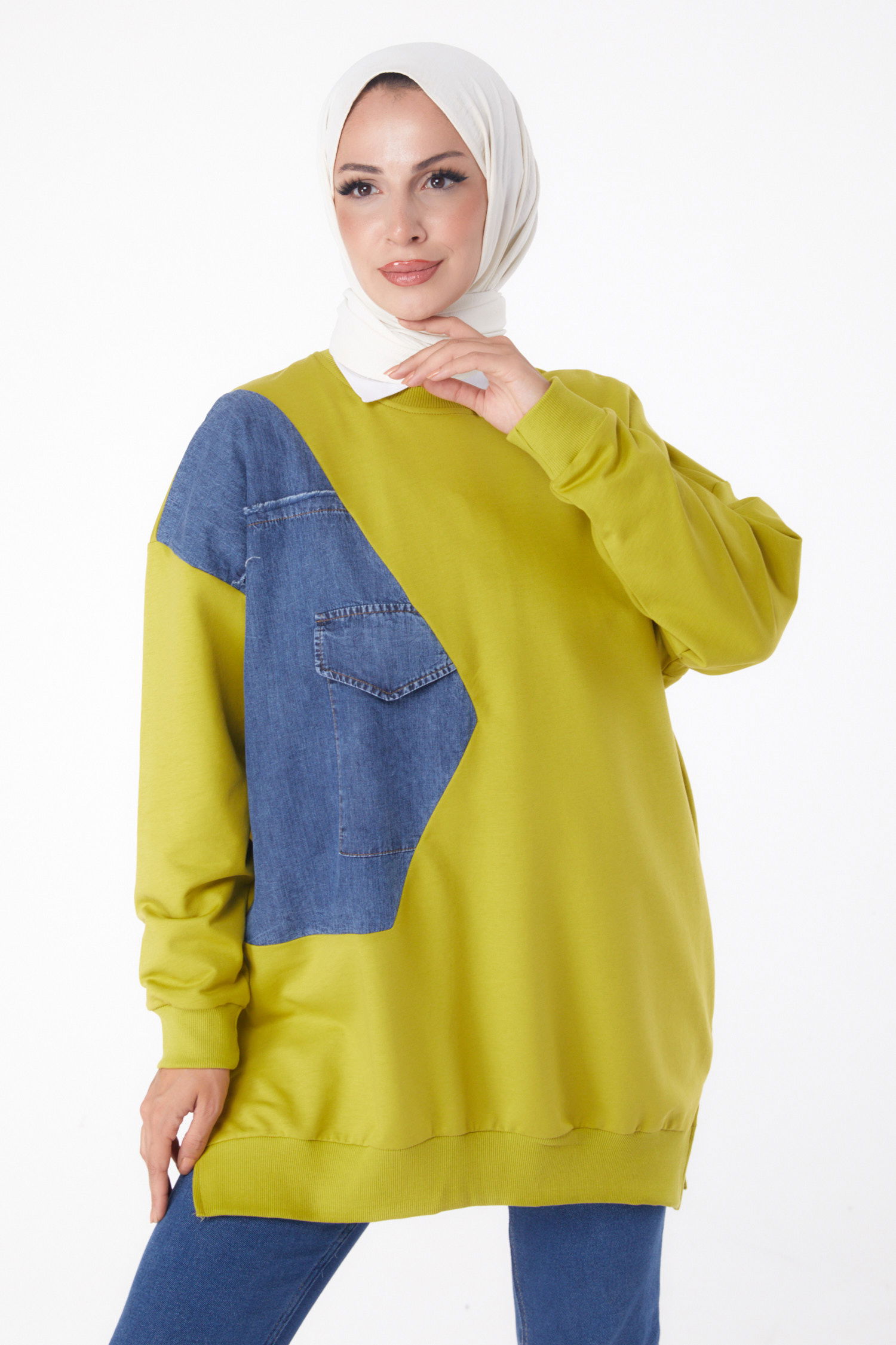 Düz Bisiklet Yaka Kadın Yesil Garnili Sweat - 26224 - 2