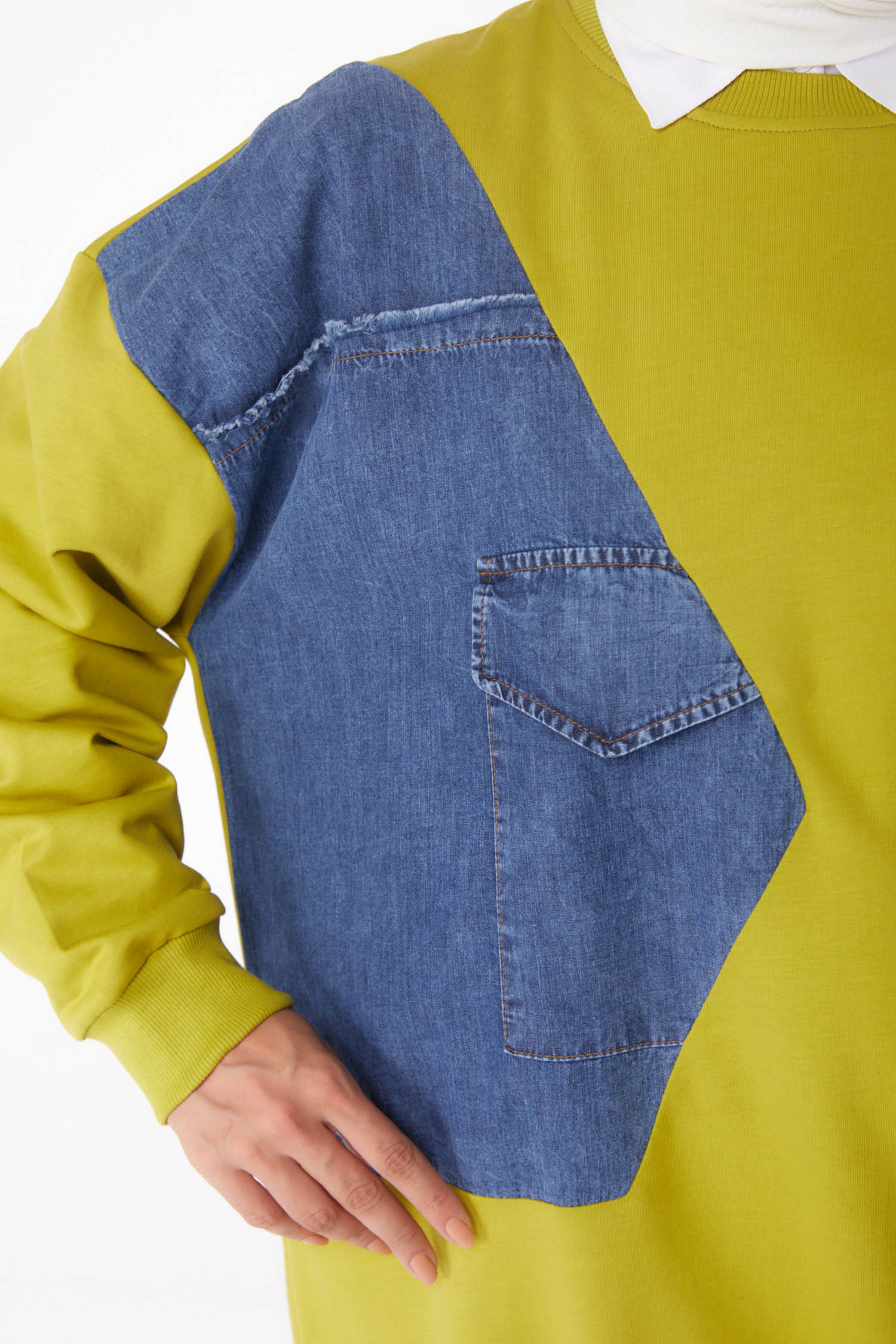 Düz Bisiklet Yaka Kadın Yesil Garnili Sweat - 26224 - 5