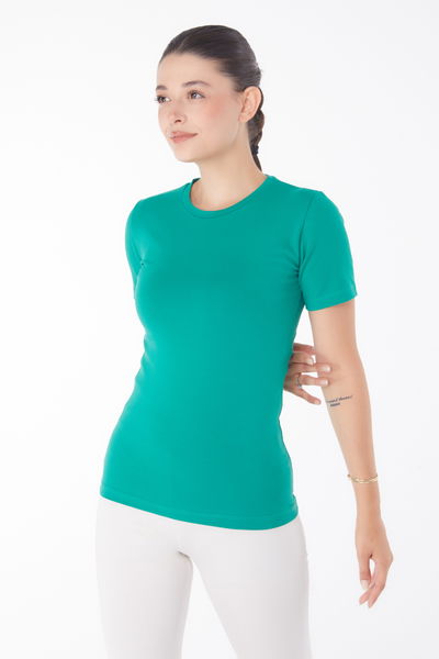 Düz Bisiklet Yaka Kadın Yesil Kısa Kollu T-shirt - 25768 