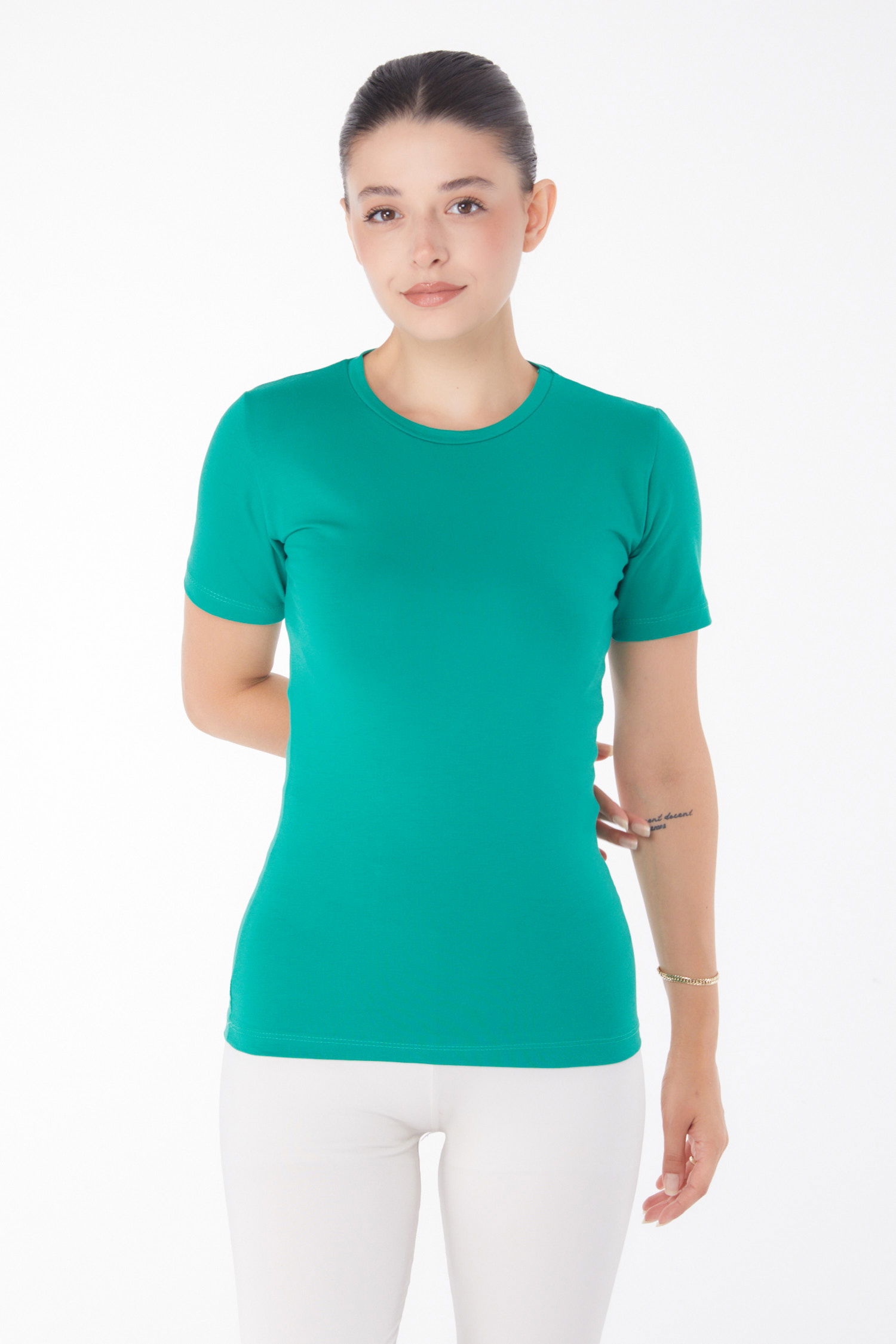 Düz Bisiklet Yaka Kadın Yesil Kısa Kollu T-shirt - 25768 - 3