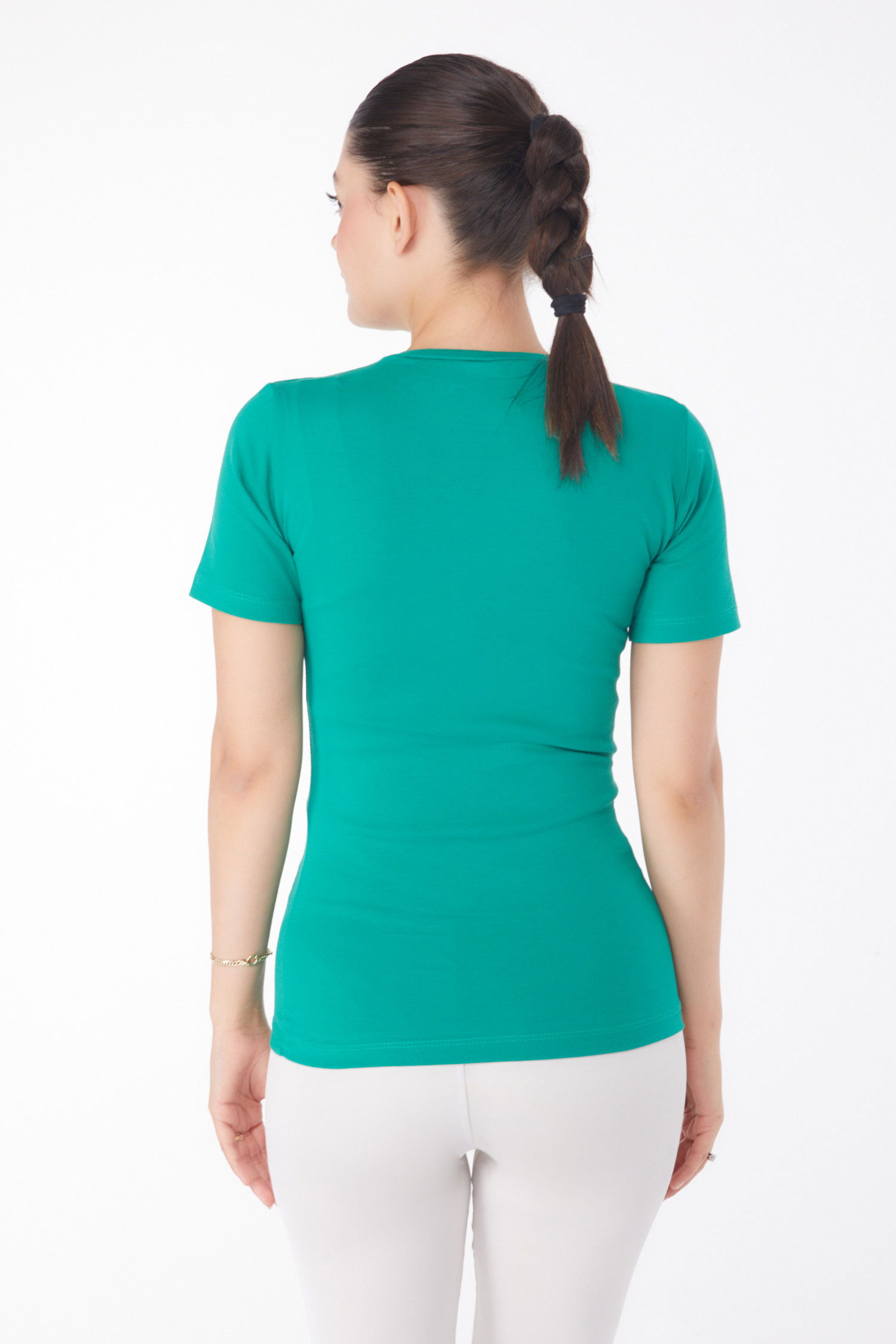 Düz Bisiklet Yaka Kadın Yesil Kısa Kollu T-shirt - 25768 - 5