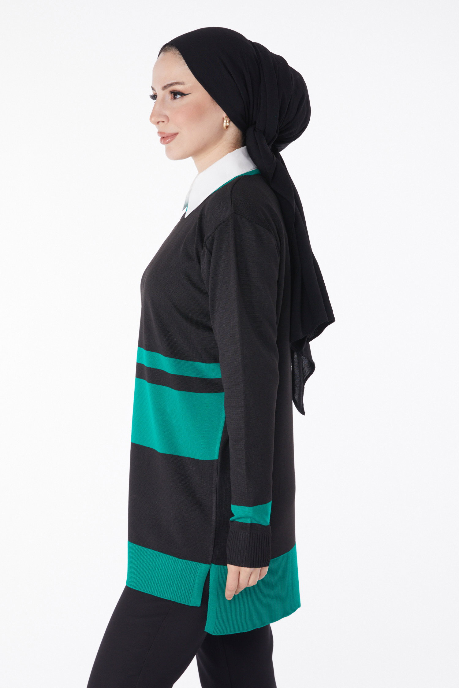 Düz Bisiklet Yaka Kadın Yesil Parçalı Triko Tunik - 25239 - 4