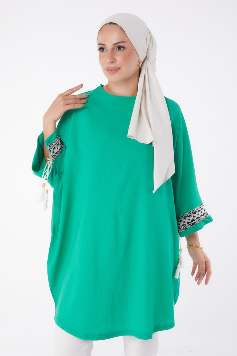 Püsküllü Yarasa Kollu Tunik Yeşil - 13256 - TOFİSA