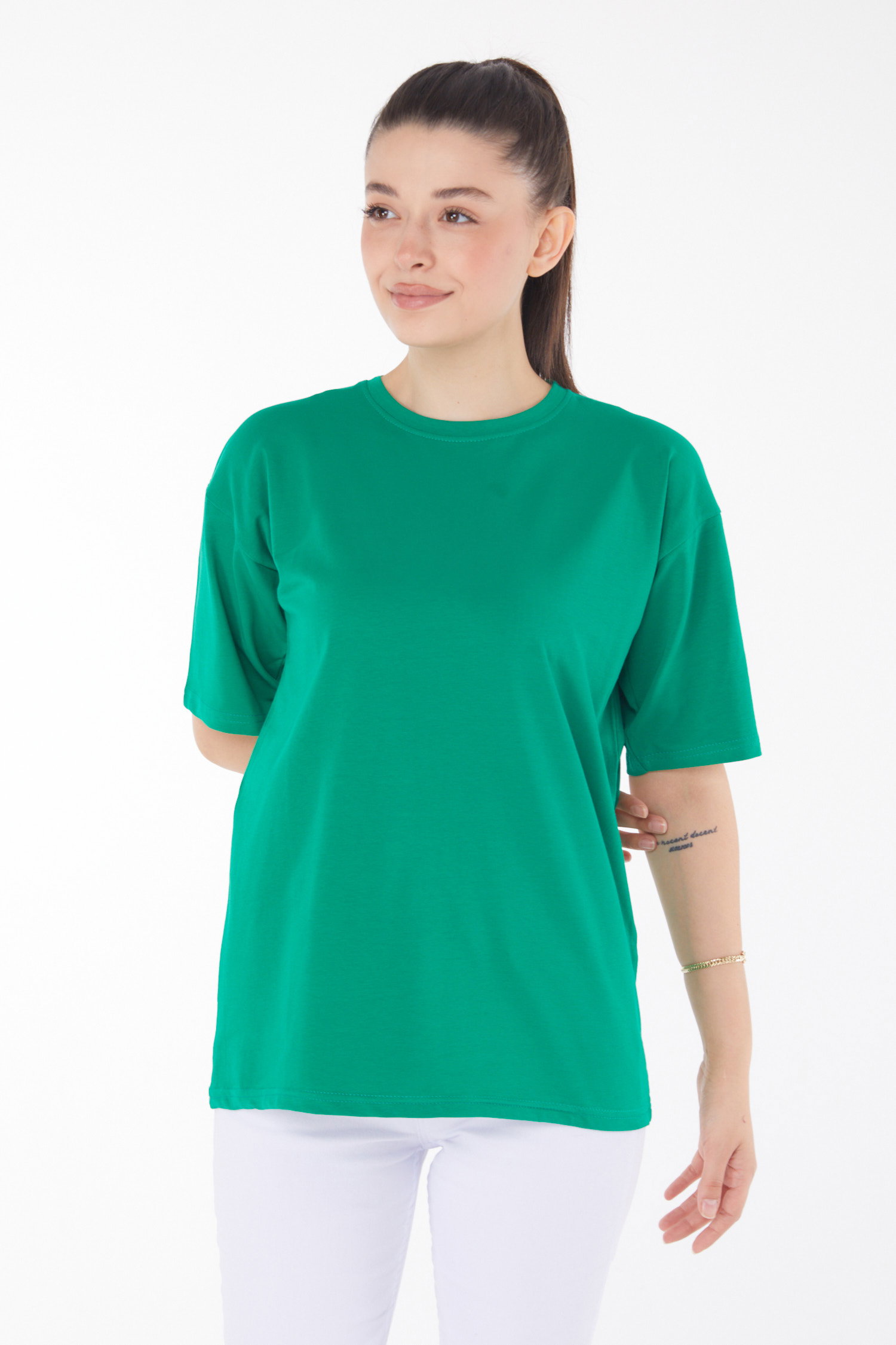 Düz Bisiklet Yaka Kadın Yesil T-Shirt - 25849 - 1