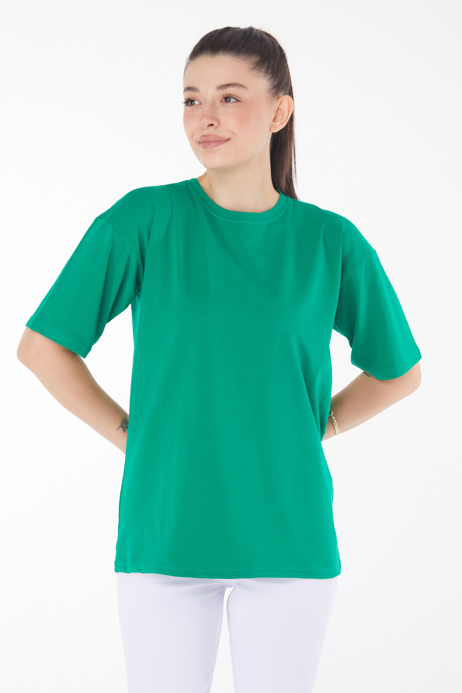 Düz Bisiklet Yaka Kadın Yesil T-Shirt - 25849 - 2
