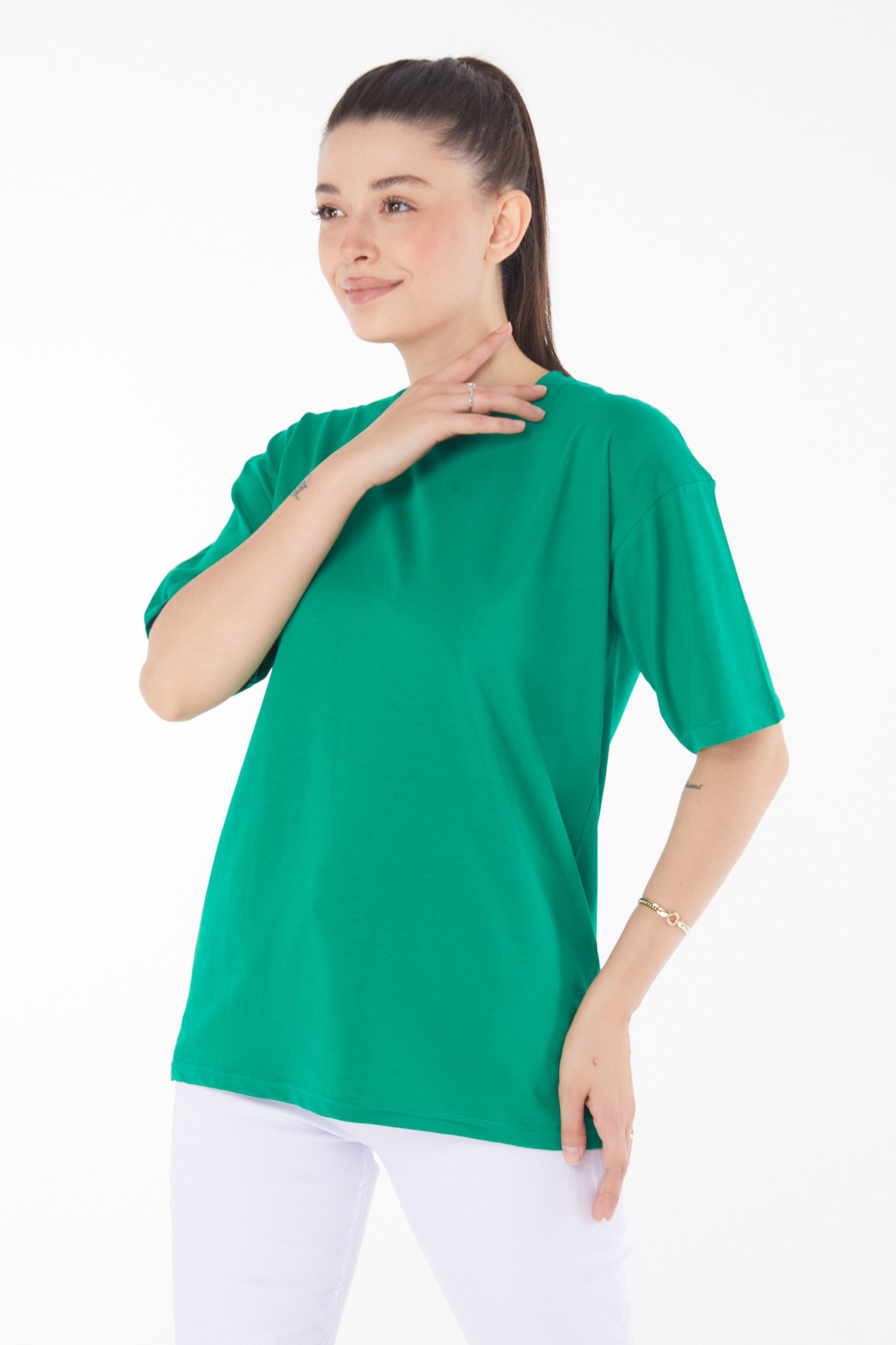 Düz Bisiklet Yaka Kadın Yesil T-Shirt - 25849 - 3