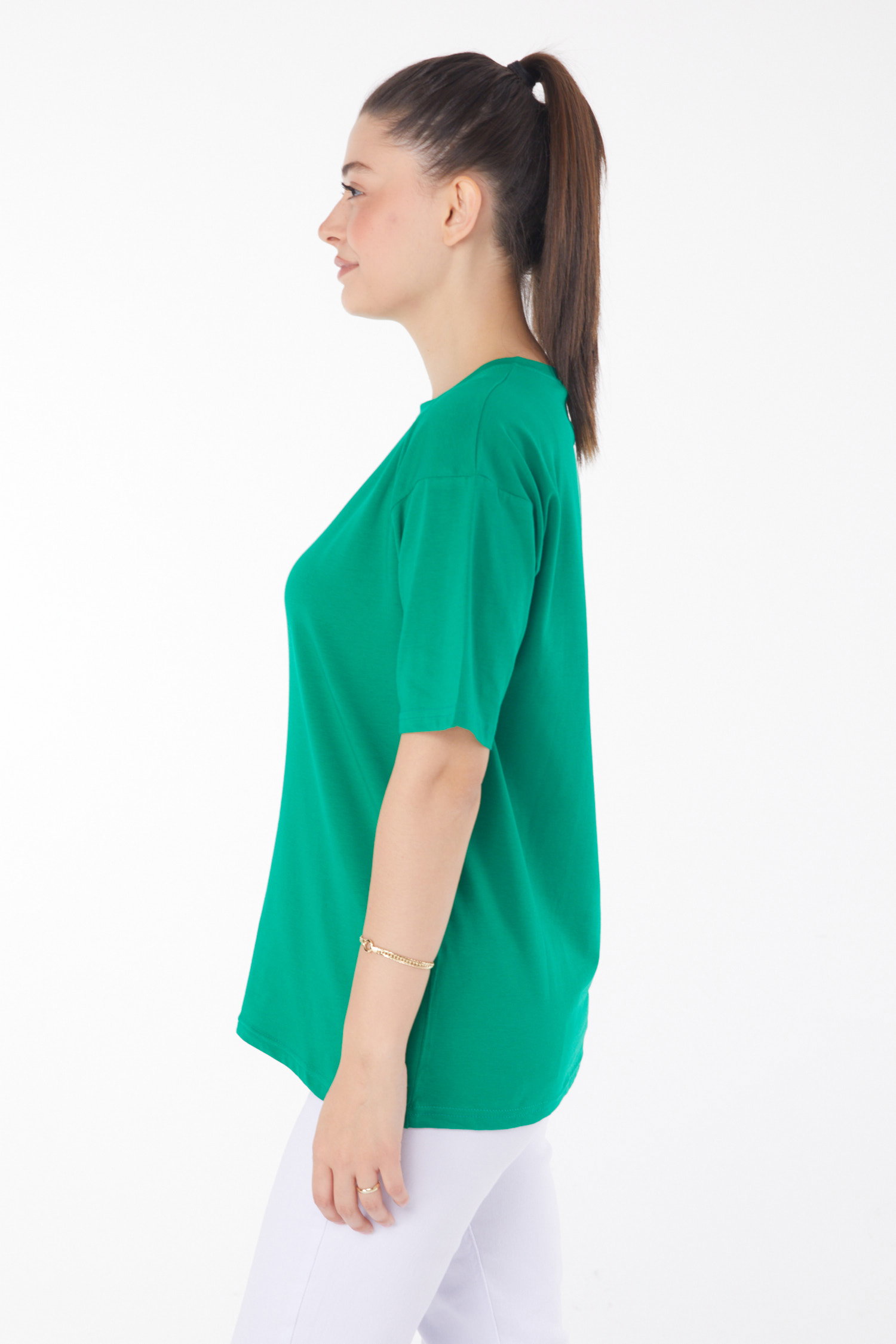 Düz Bisiklet Yaka Kadın Yesil T-Shirt - 25849 - 4