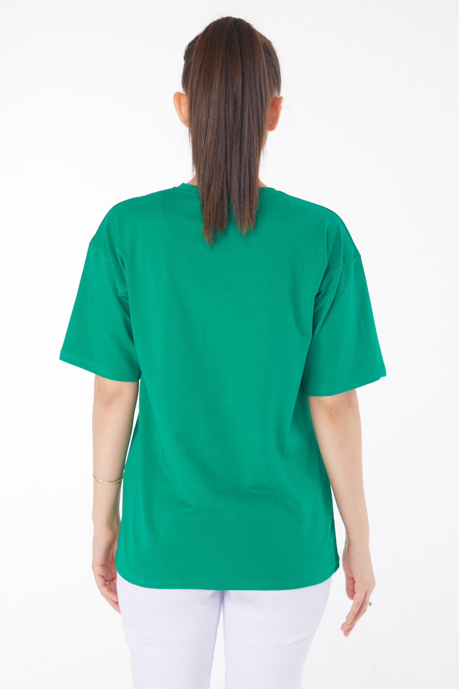 Düz Bisiklet Yaka Kadın Yesil T-Shirt - 25849 - 5