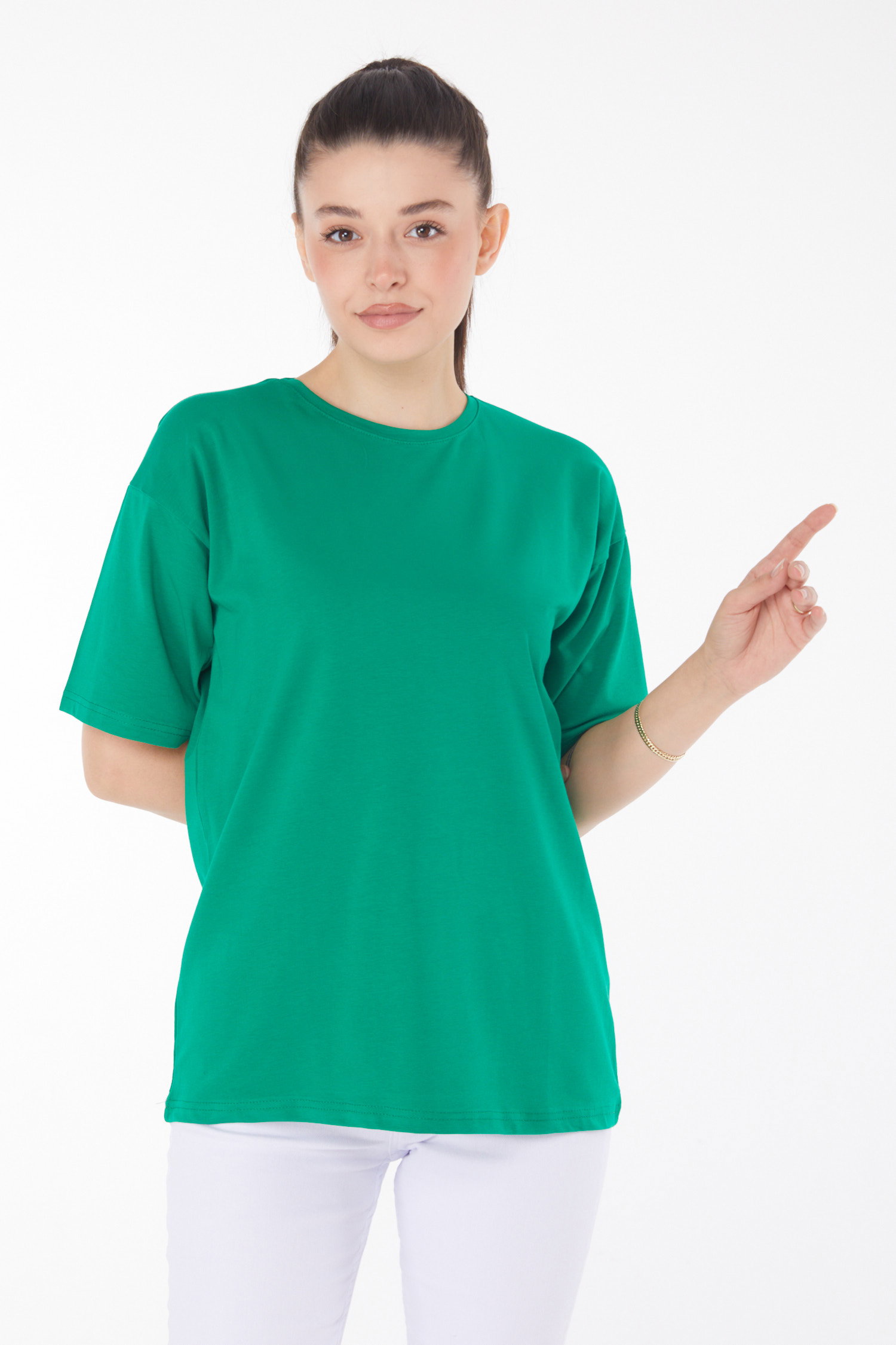 Düz Bisiklet Yaka Kadın Yesil T-Shirt - 25850 - 1