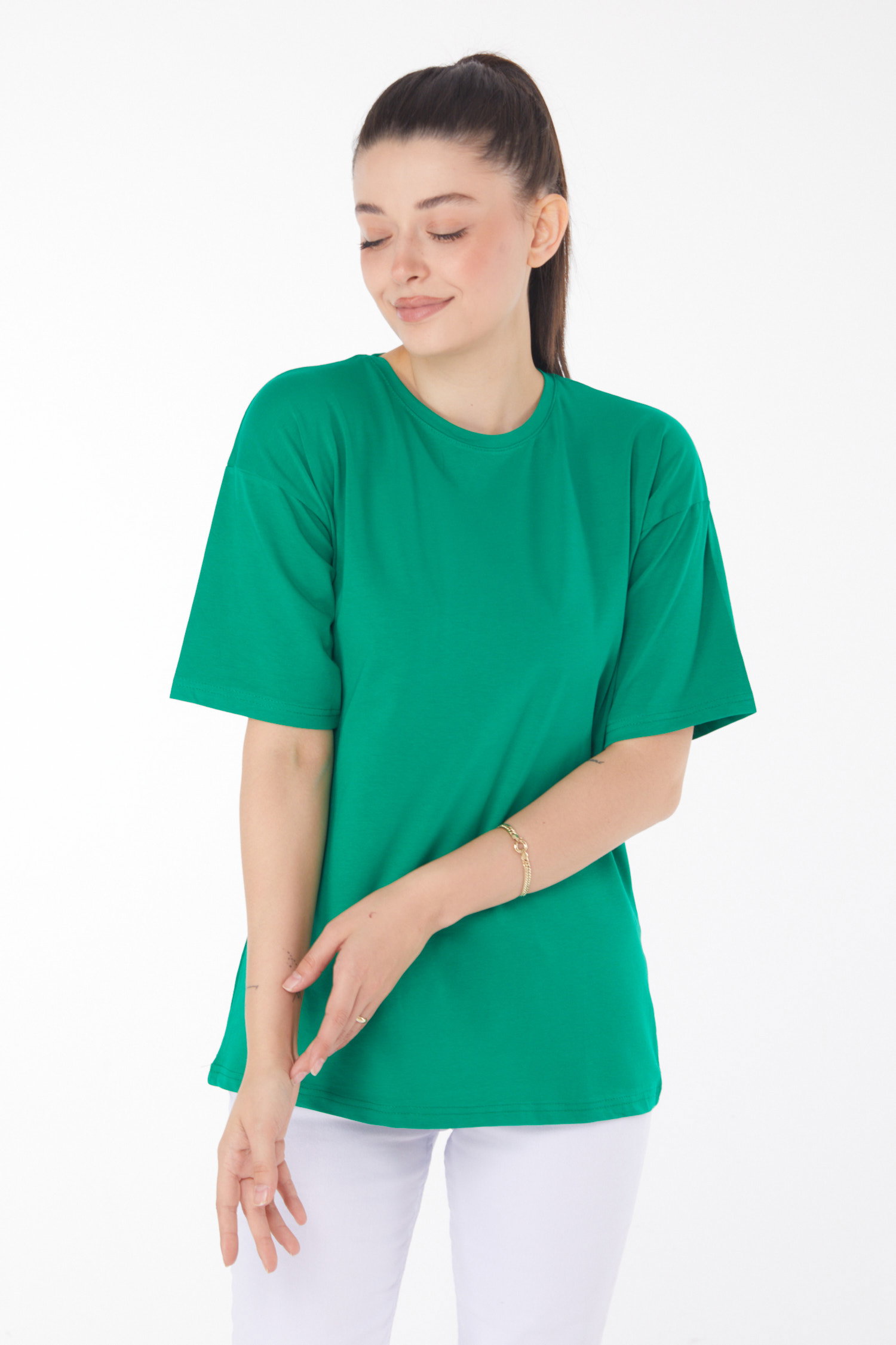 Düz Bisiklet Yaka Kadın Yesil T-Shirt - 25850 - 2