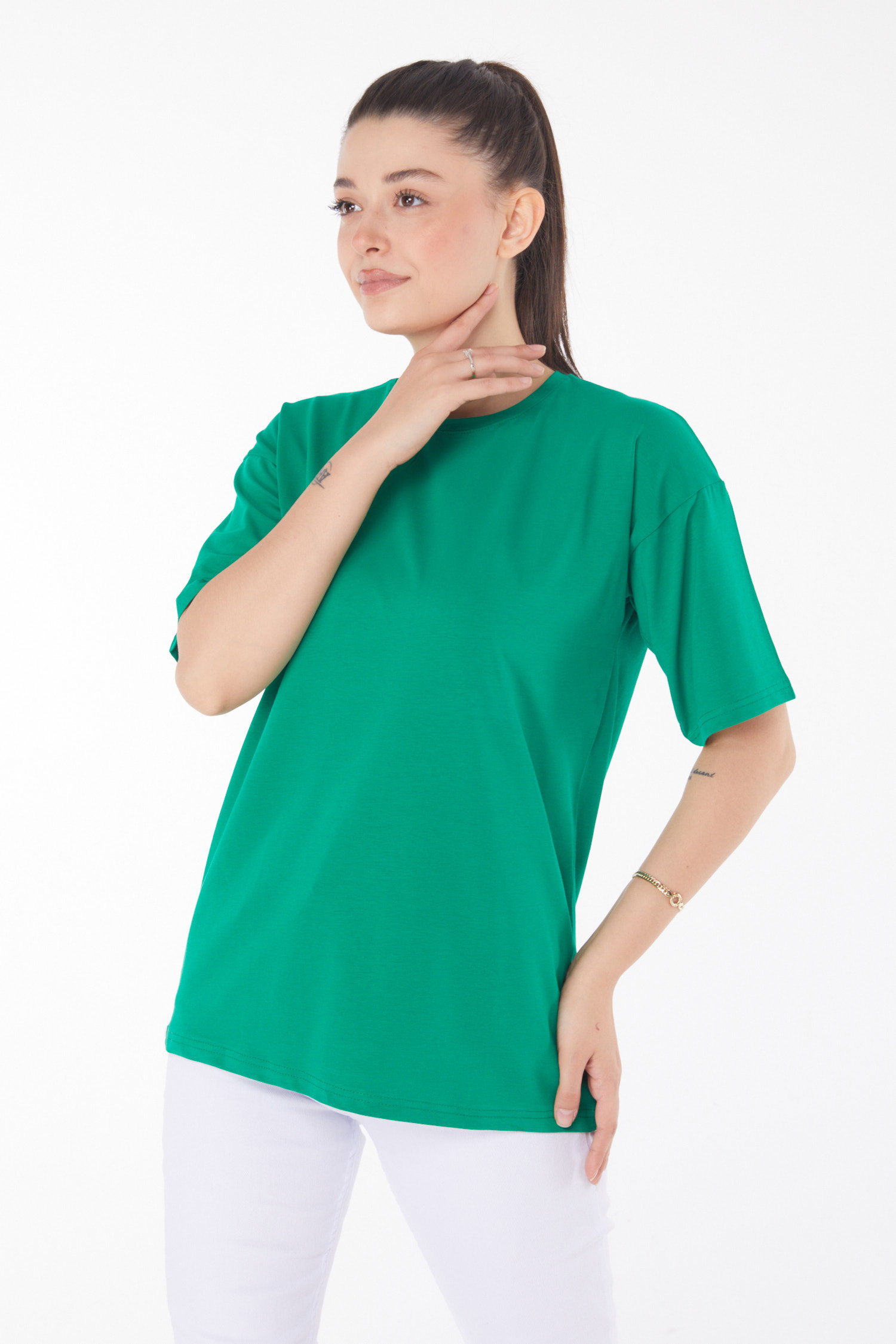 Düz Bisiklet Yaka Kadın Yesil T-Shirt - 25850 - 3