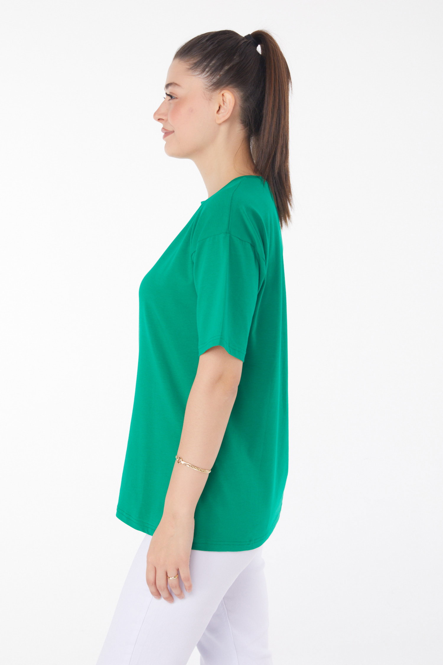 Düz Bisiklet Yaka Kadın Yesil T-Shirt - 25850 - 4