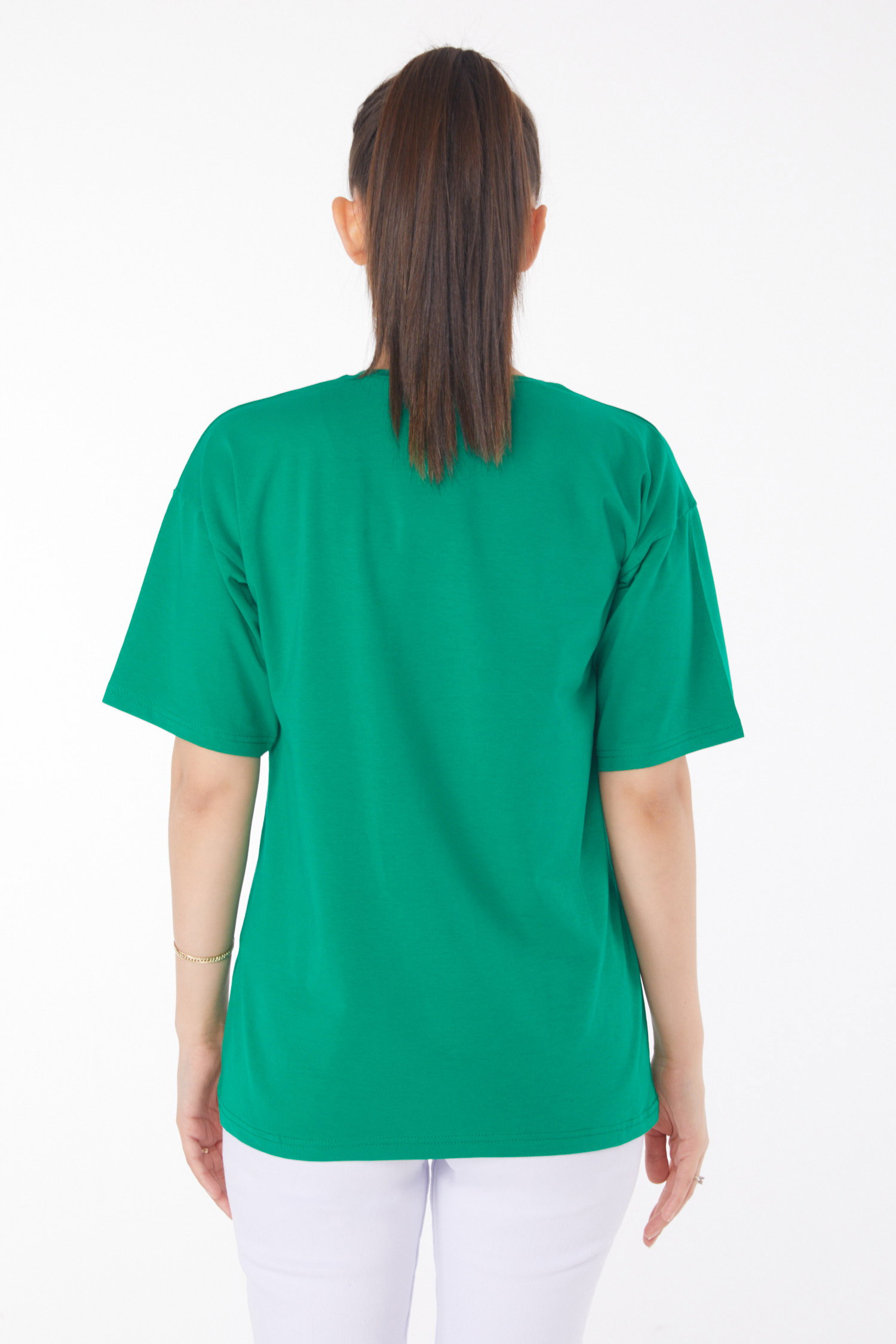 Düz Bisiklet Yaka Kadın Yesil T-Shirt - 25850 - 5