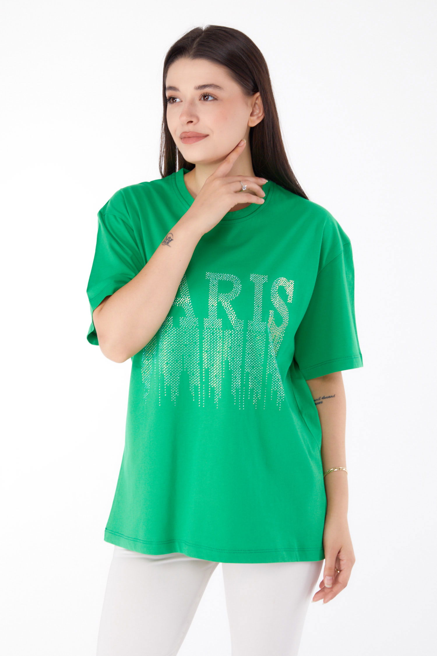 Düz Bisiklet Yaka Kadın Yesil Taşlı T-shirt - 25698 - 1