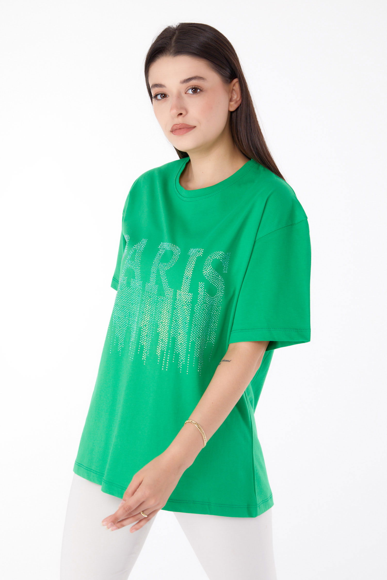 Düz Bisiklet Yaka Kadın Yesil Taşlı T-shirt - 25698 - 3