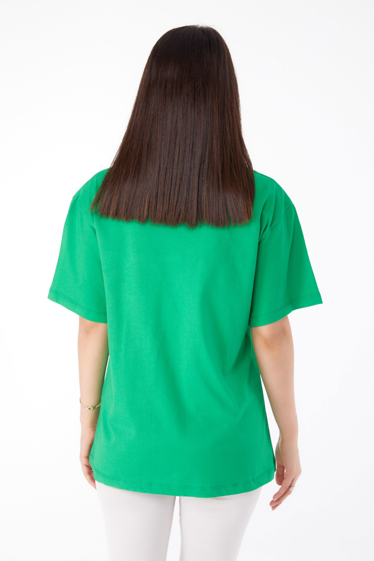 Düz Bisiklet Yaka Kadın Yesil Taşlı T-shirt - 25698 - 5
