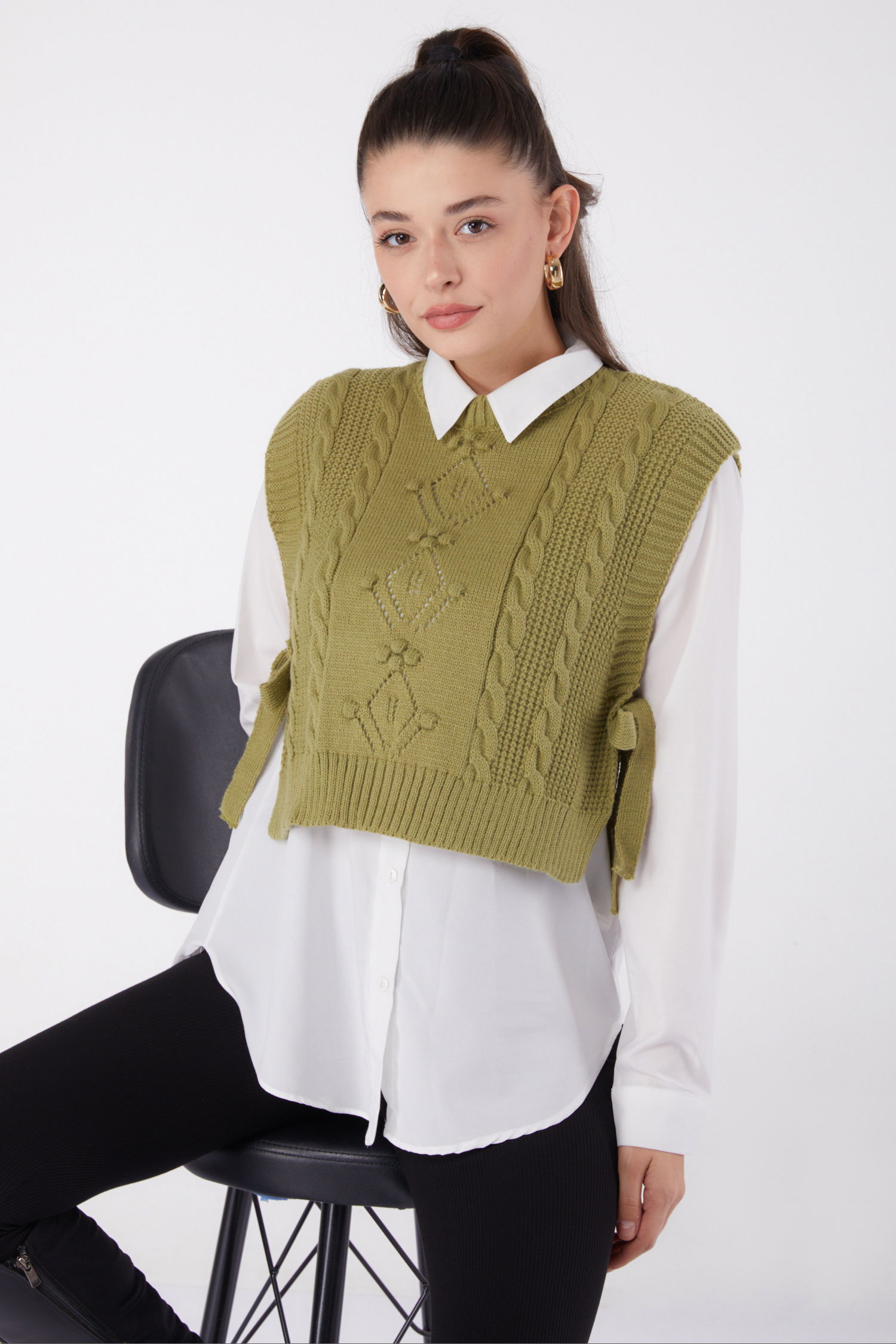 Düz Bisiklet Yaka Kadın Yesil Yanları Bağcıklı Süveter - 26500 - 1