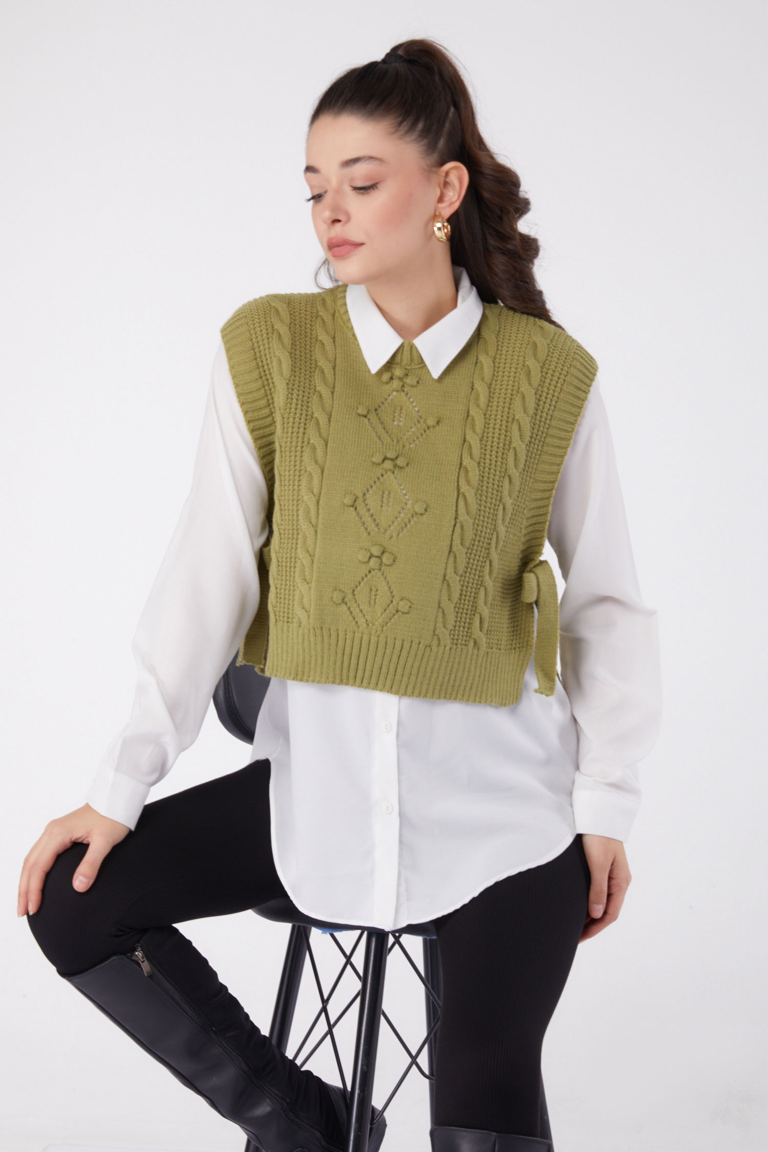 Düz Bisiklet Yaka Kadın Yesil Yanları Bağcıklı Süveter - 26500 - 2