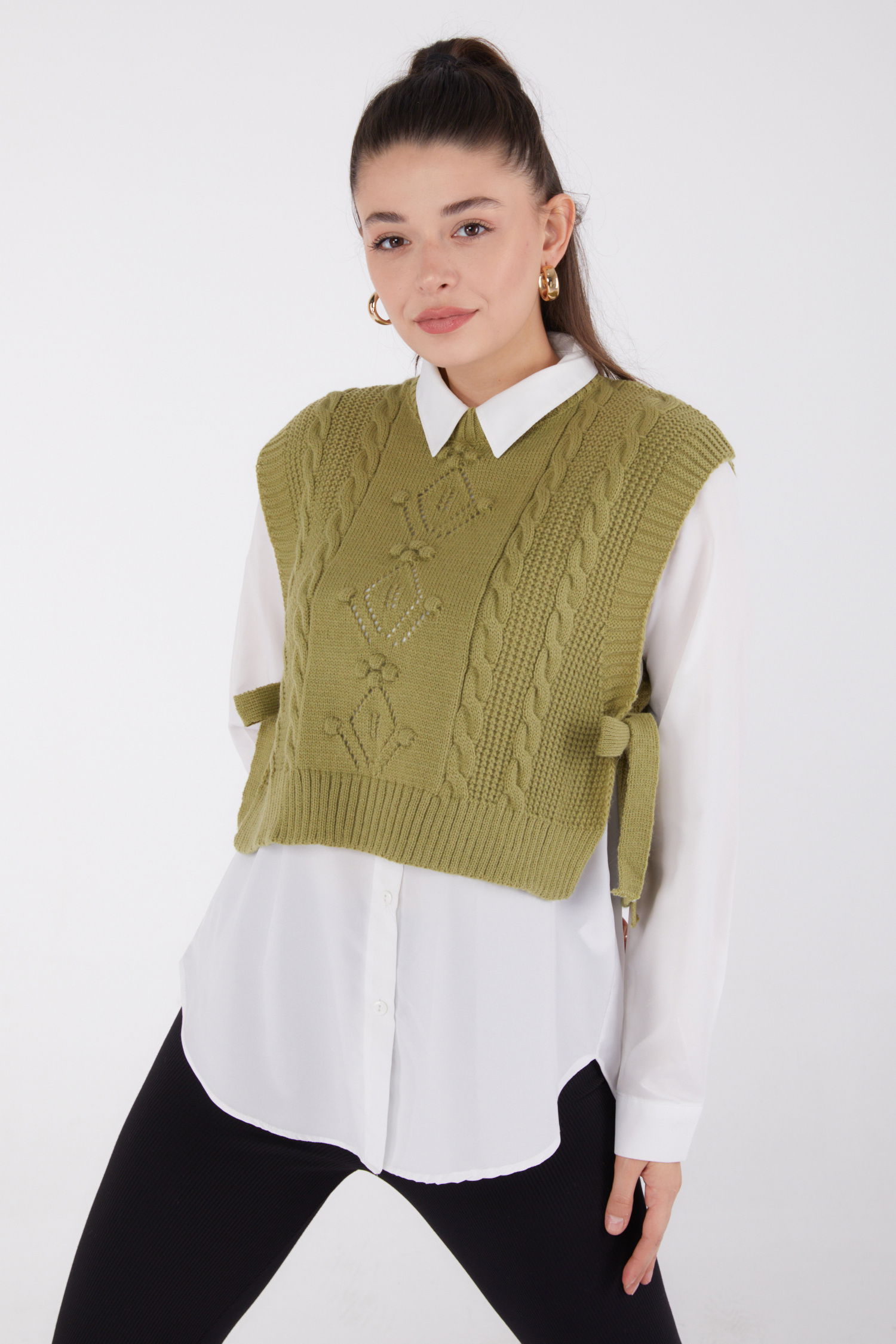Düz Bisiklet Yaka Kadın Yesil Yanları Bağcıklı Süveter - 26500 - 3