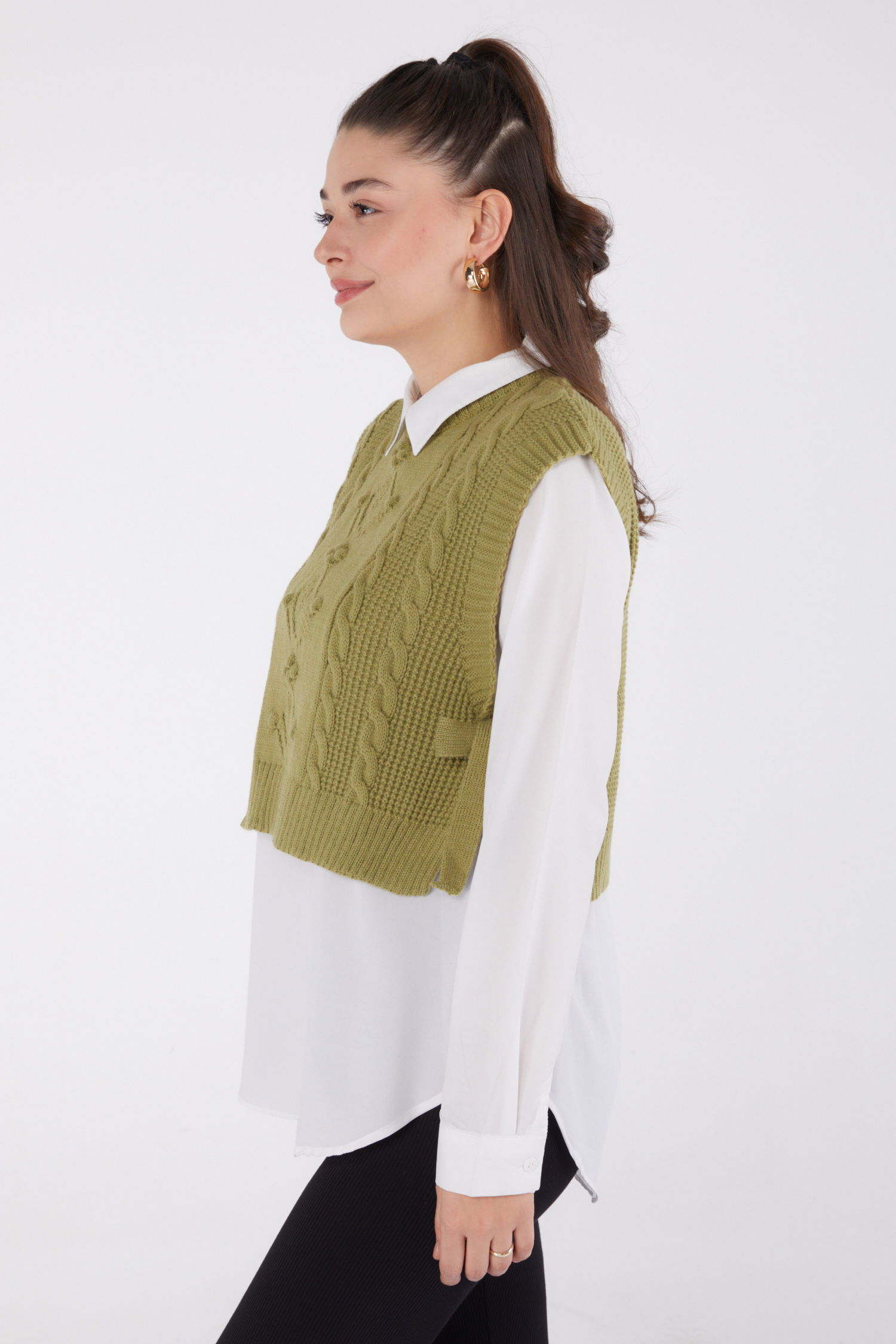 Düz Bisiklet Yaka Kadın Yesil Yanları Bağcıklı Süveter - 26500 - 4