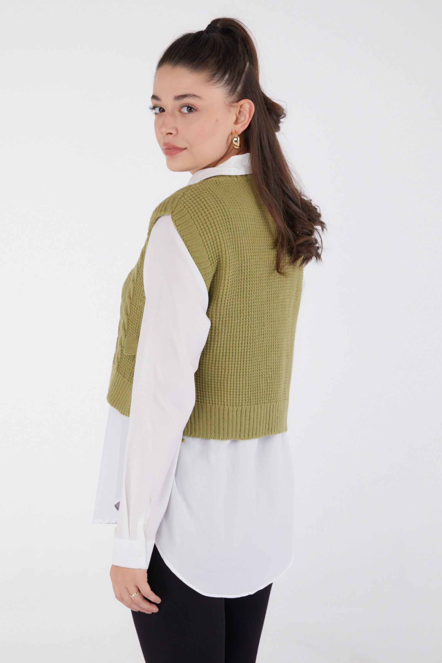 Düz Bisiklet Yaka Kadın Yesil Yanları Bağcıklı Süveter - 26500 - 5