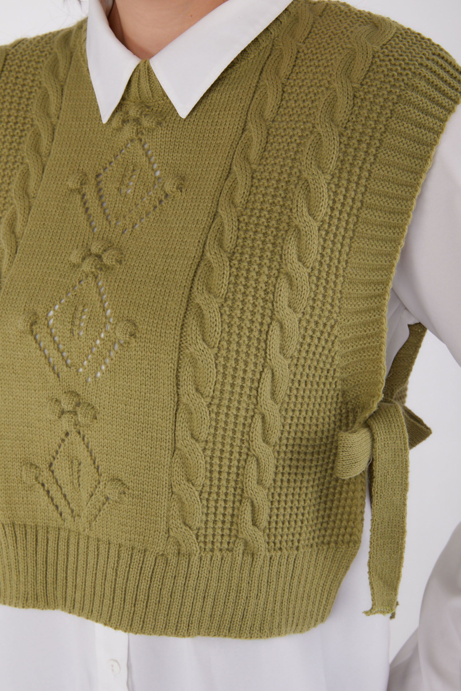 Düz Bisiklet Yaka Kadın Yesil Yanları Bağcıklı Süveter - 26500 - 6