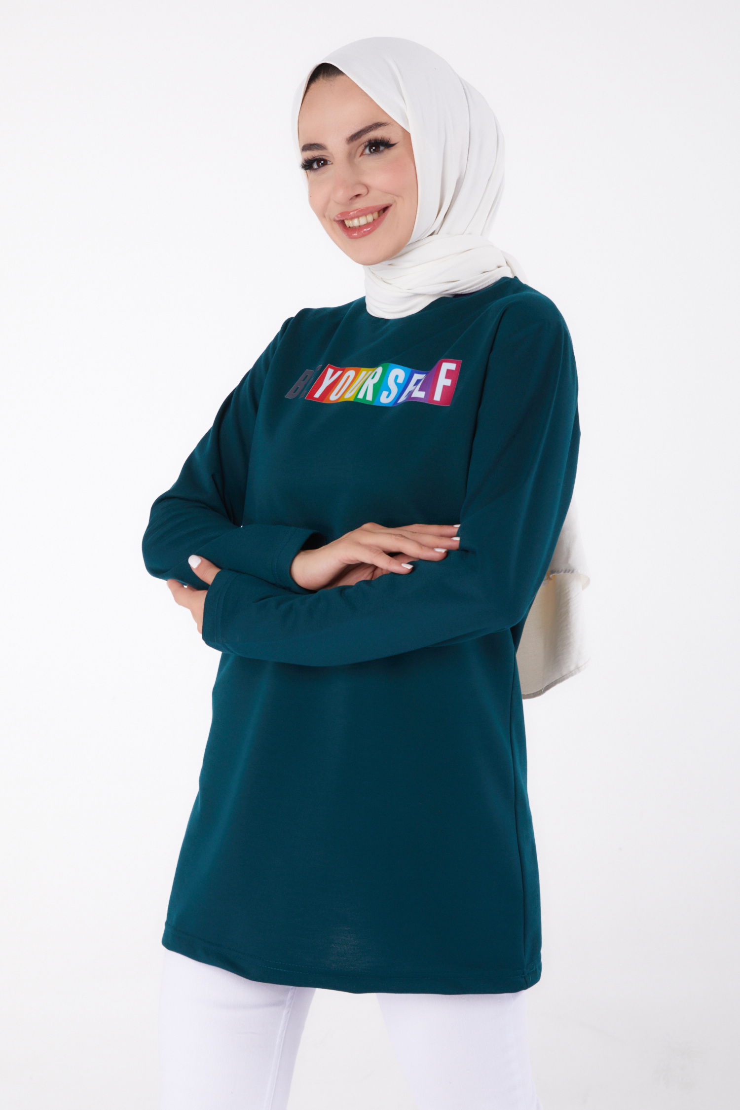 Baskılı Sweatshirt Zümrüt - 13331 - 1