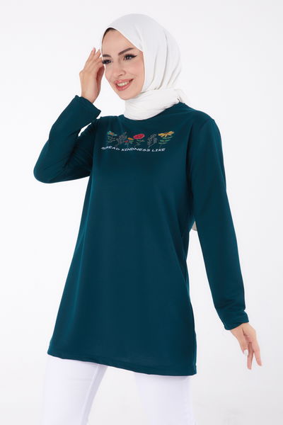 Baskılı Sweatshirt Zümrüt - 13332 