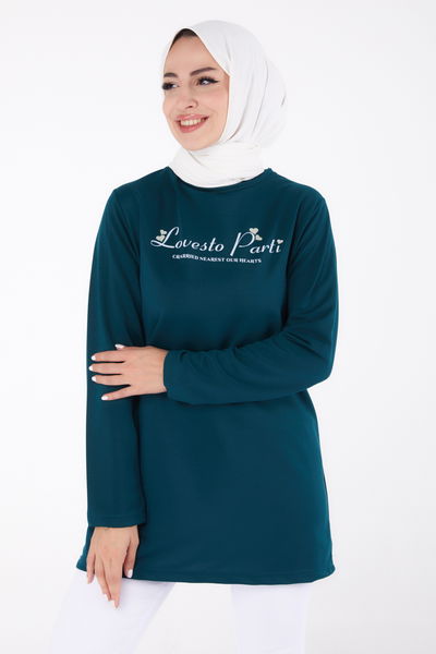 Düz Bisiklet Yaka Kadın Zümrüt Baskılı Sweatshirt - 13335 