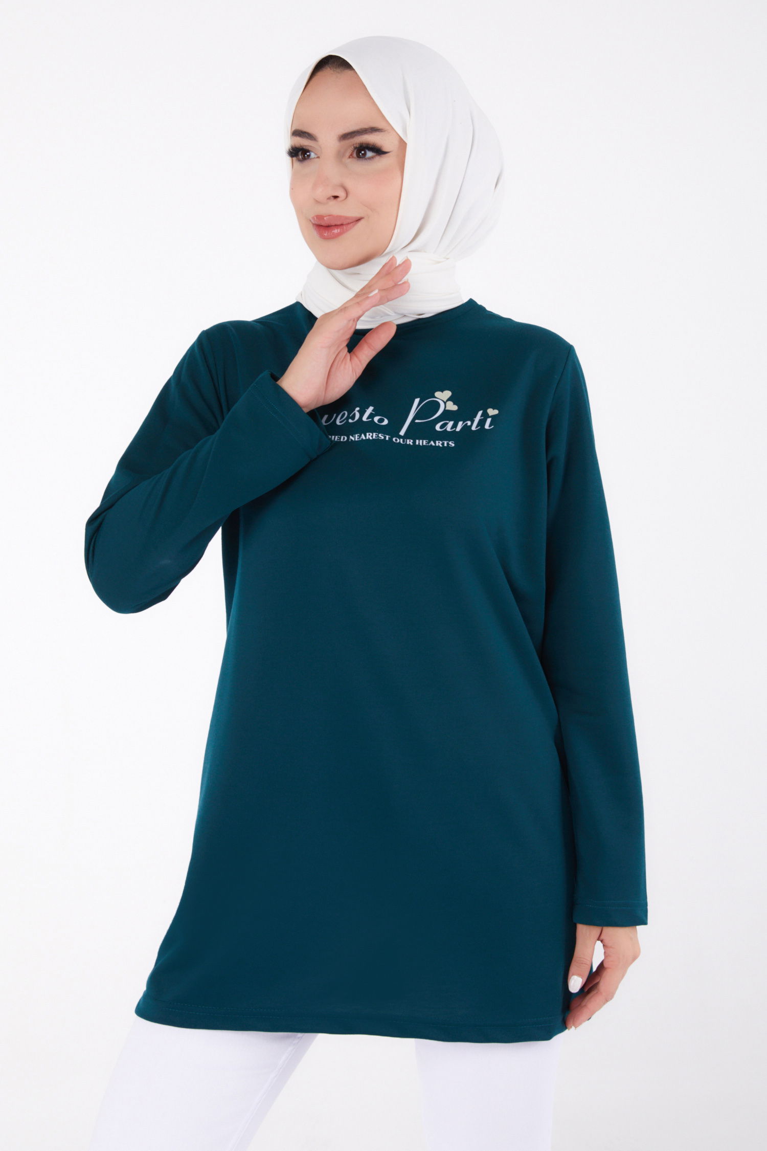 Düz Bisiklet Yaka Kadın Zümrüt Baskılı Sweatshirt - 13335 - 2