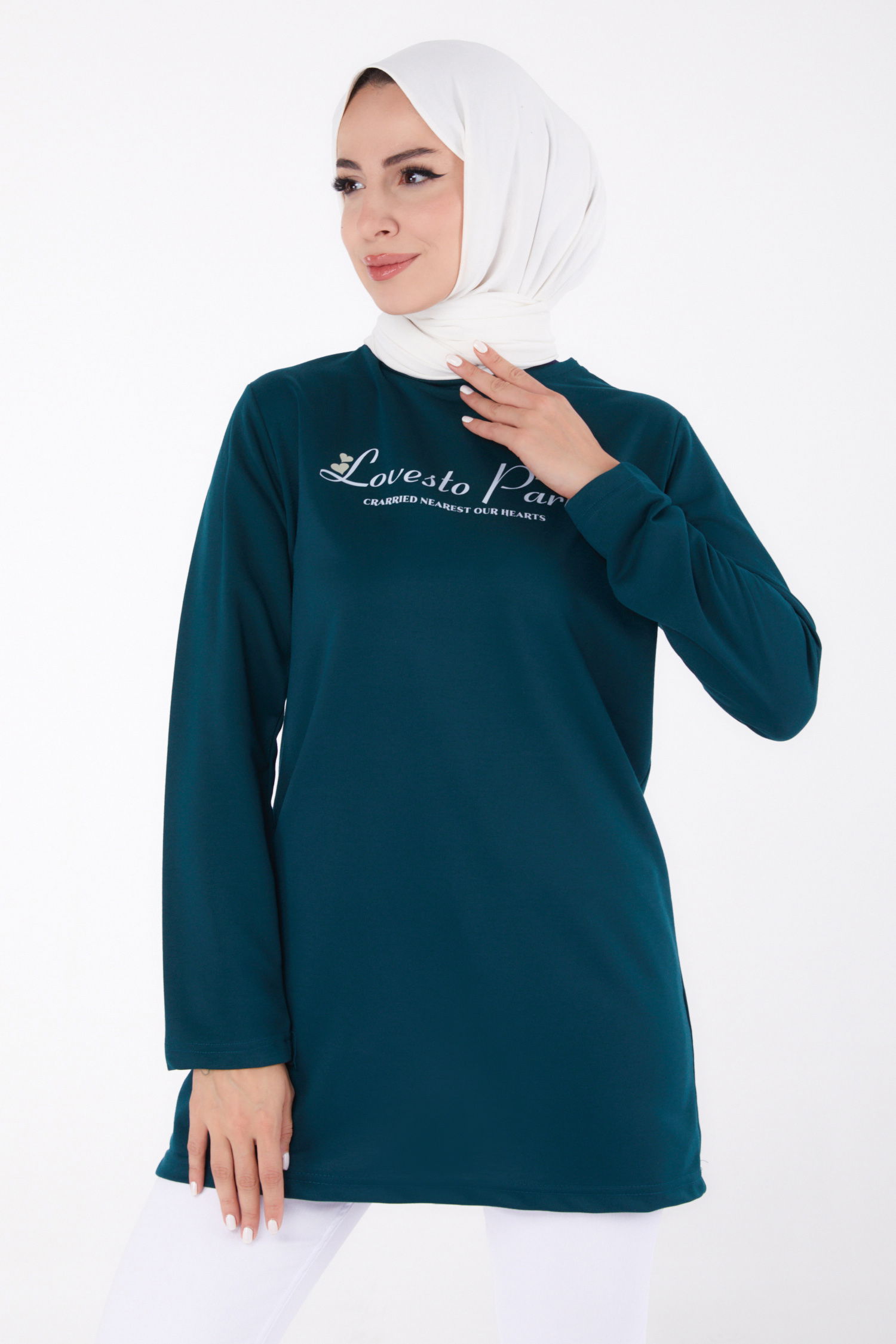 Düz Bisiklet Yaka Kadın Zümrüt Baskılı Sweatshirt - 13335 - 3