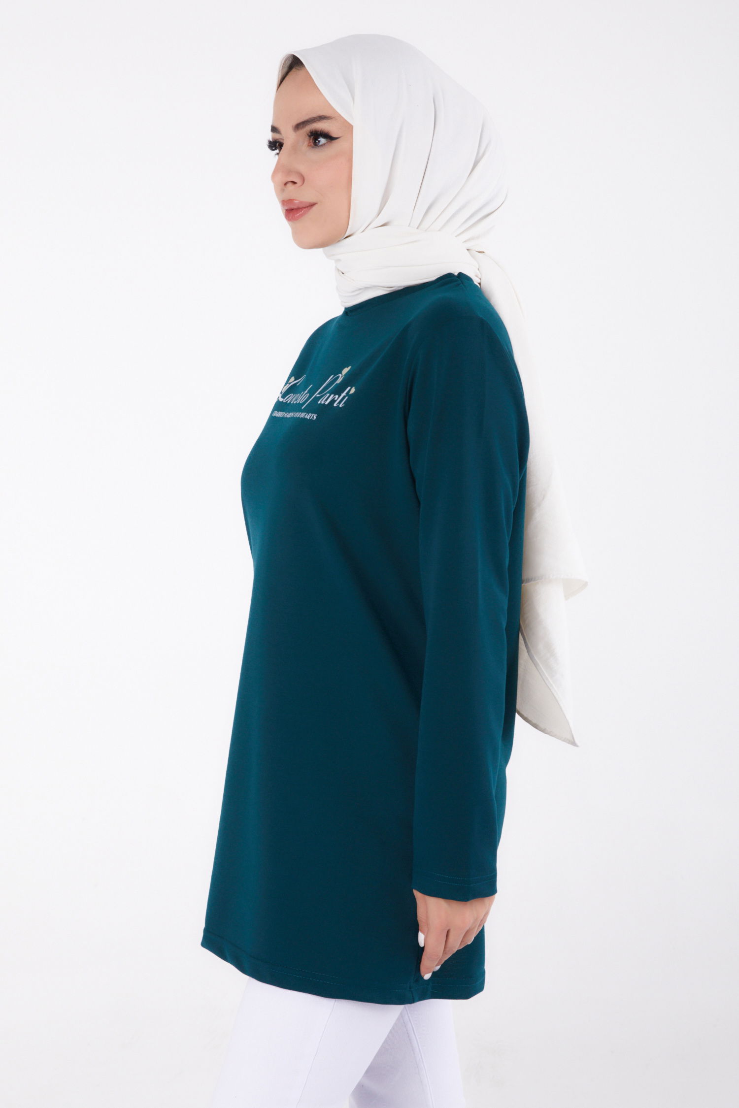 Düz Bisiklet Yaka Kadın Zümrüt Baskılı Sweatshirt - 13335 - 4