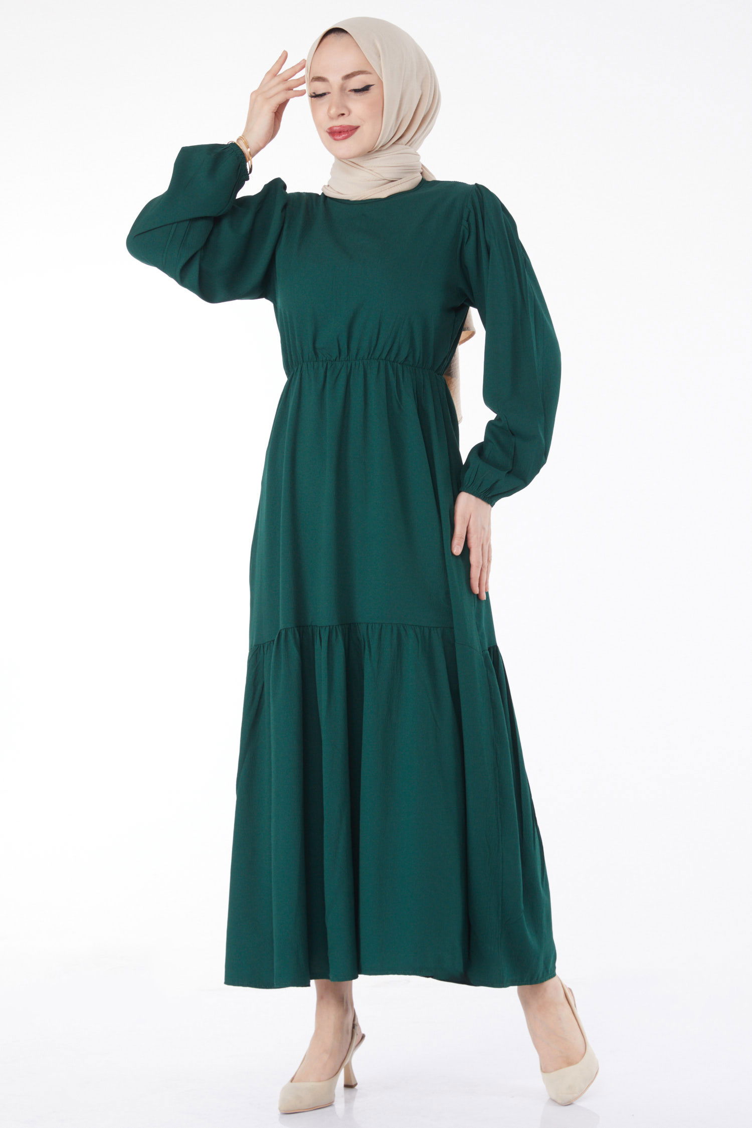 Beli Bağcıklı Elbise Zümrüt - 13144 - 3