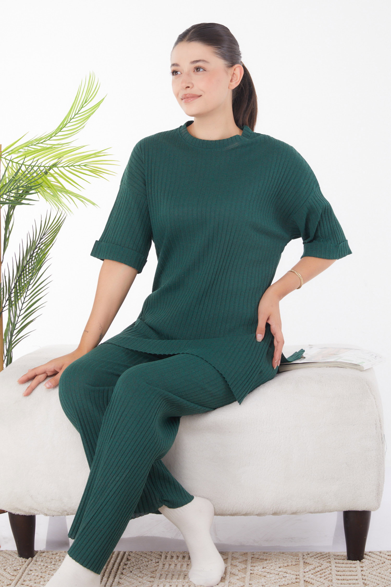 Düz Bisiklet Yaka Kadın Zumrut Bislet Yaka Kısa Kollu Pijama Takımı - 24453 - 3