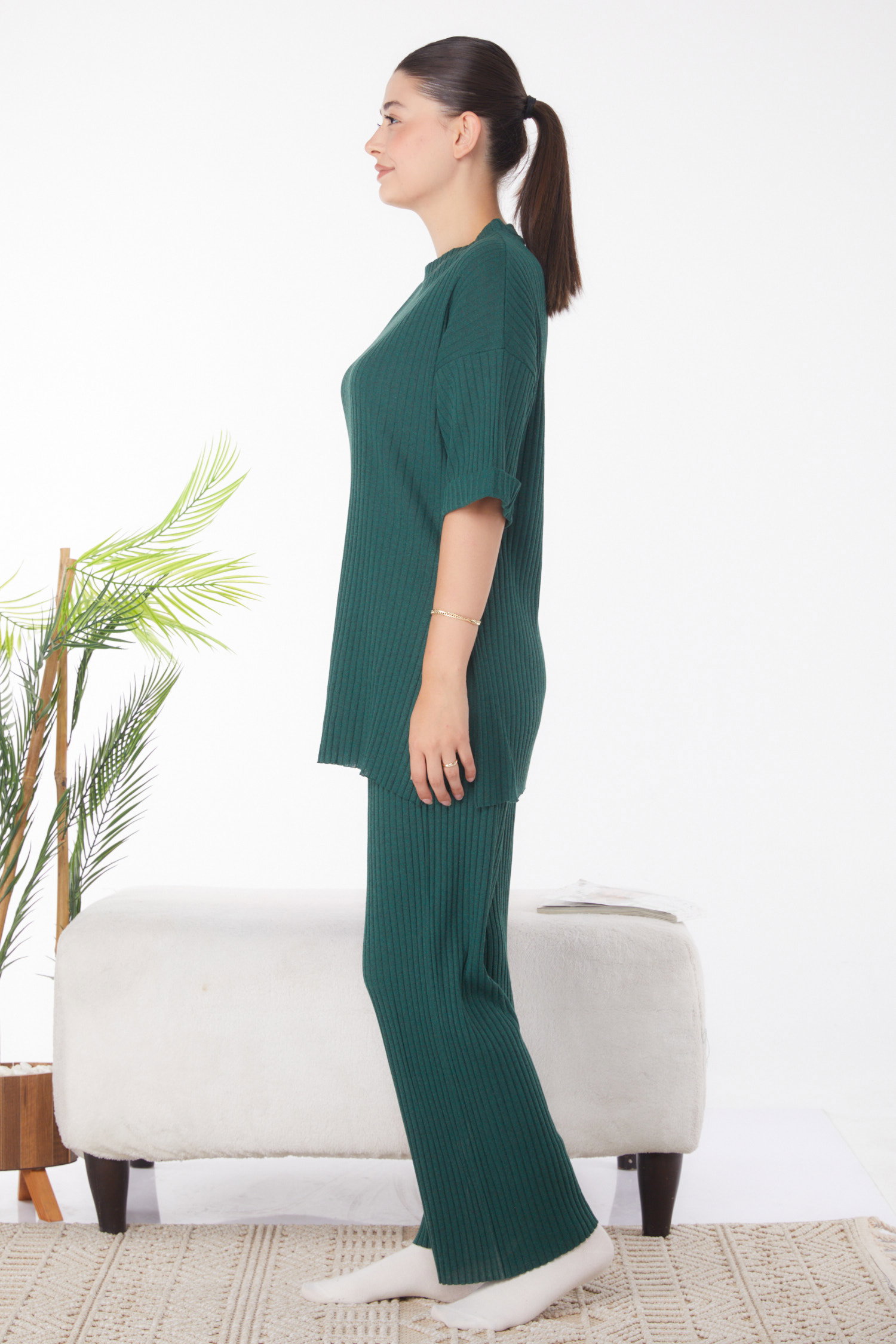 Düz Bisiklet Yaka Kadın Zumrut Bislet Yaka Kısa Kollu Pijama Takımı - 24453 - 4