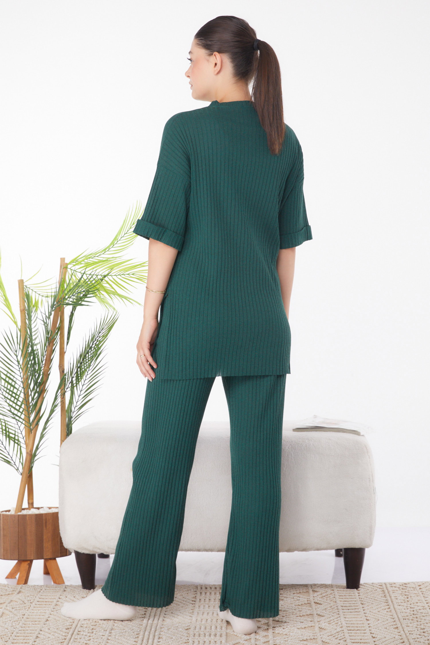 Düz Bisiklet Yaka Kadın Zumrut Bislet Yaka Kısa Kollu Pijama Takımı - 24453 - 5