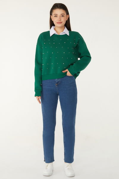 Düz Bisiklet Yaka Kadın Zümrüt Boncuklu Sweatshirt - 26541 