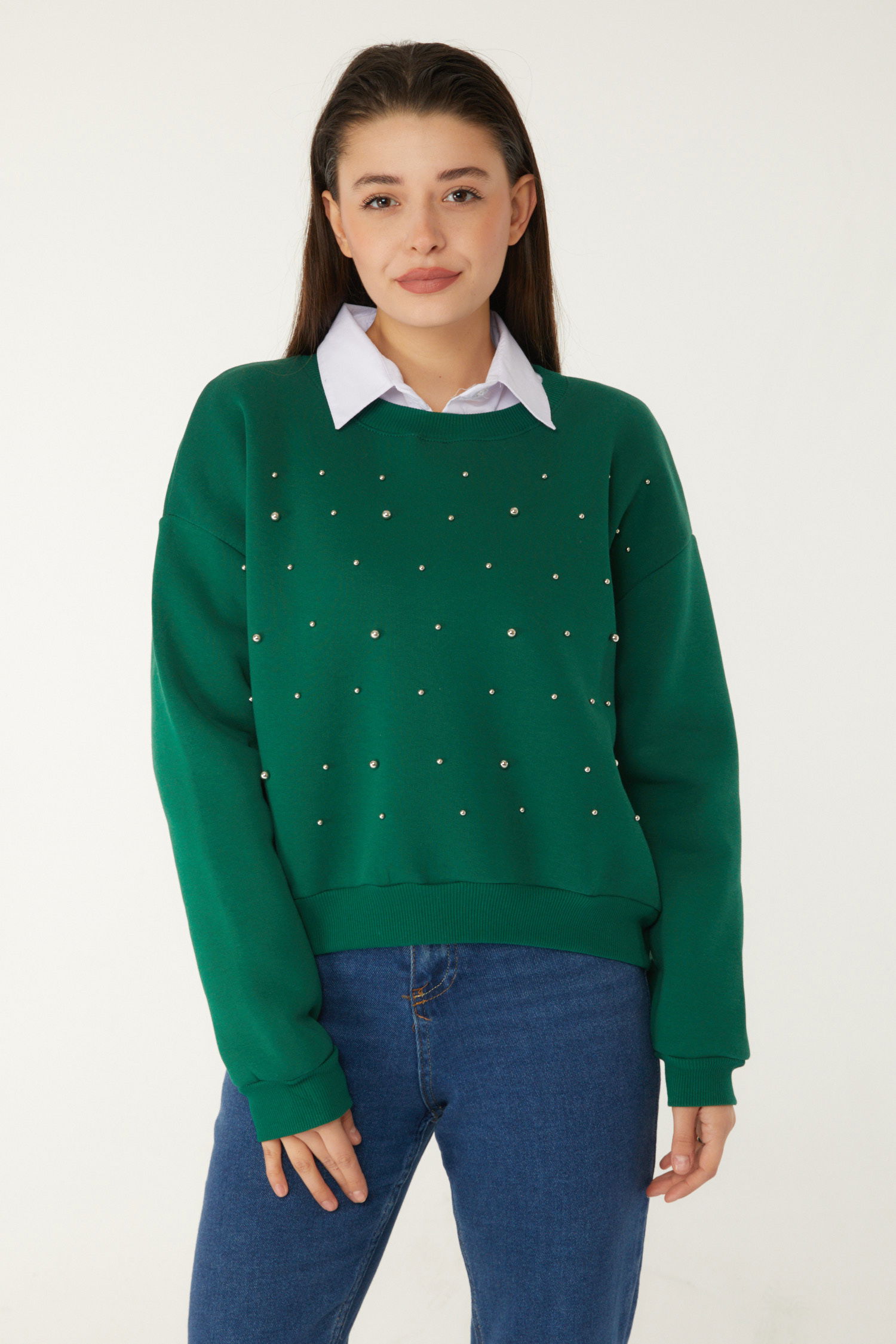 Düz Bisiklet Yaka Kadın Zümrüt Boncuklu Sweatshirt - 26541 - 2