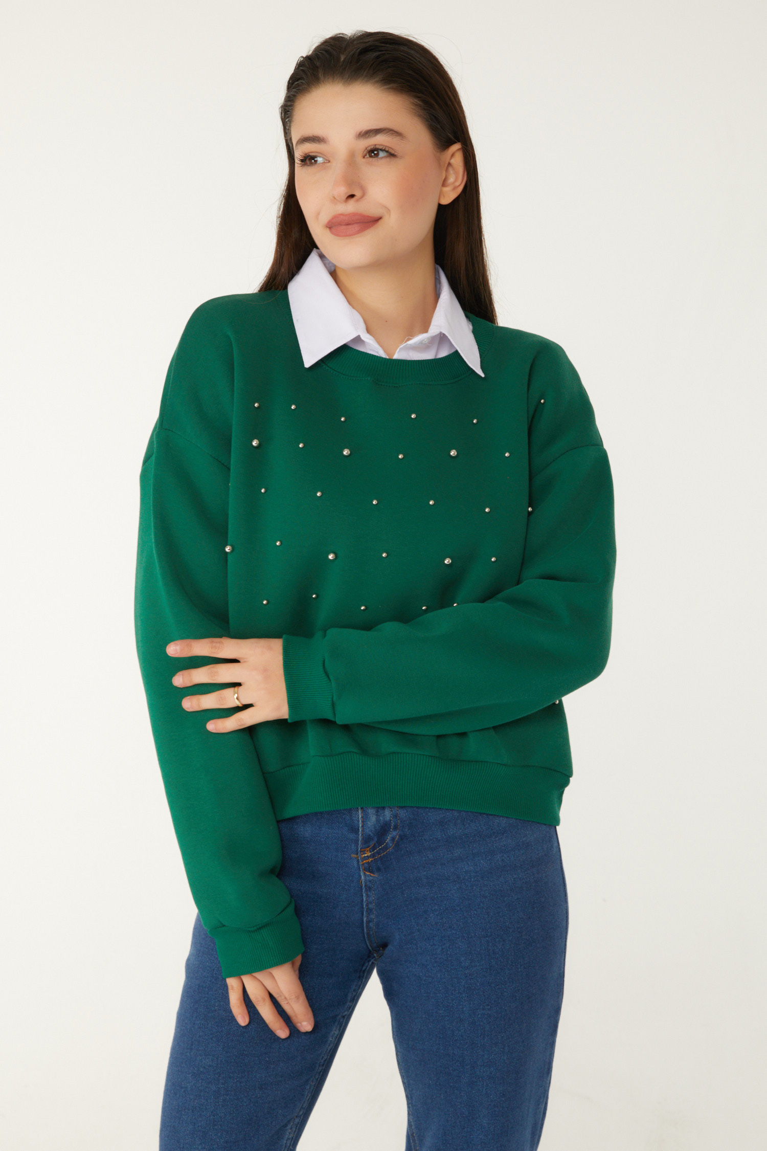 Düz Bisiklet Yaka Kadın Zümrüt Boncuklu Sweatshirt - 26541 - 3