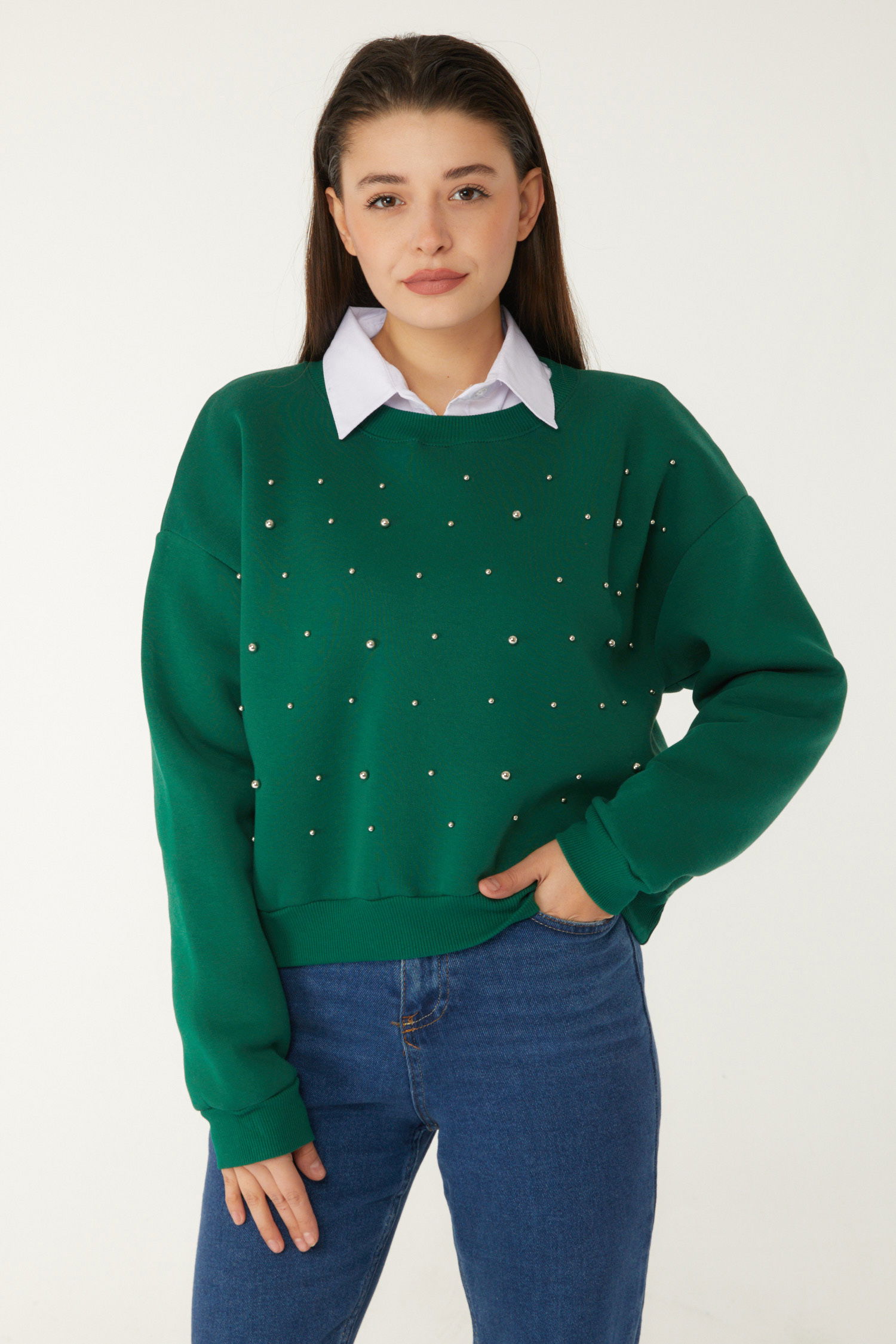 Düz Bisiklet Yaka Kadın Zümrüt Boncuklu Sweatshirt - 26541 - 4