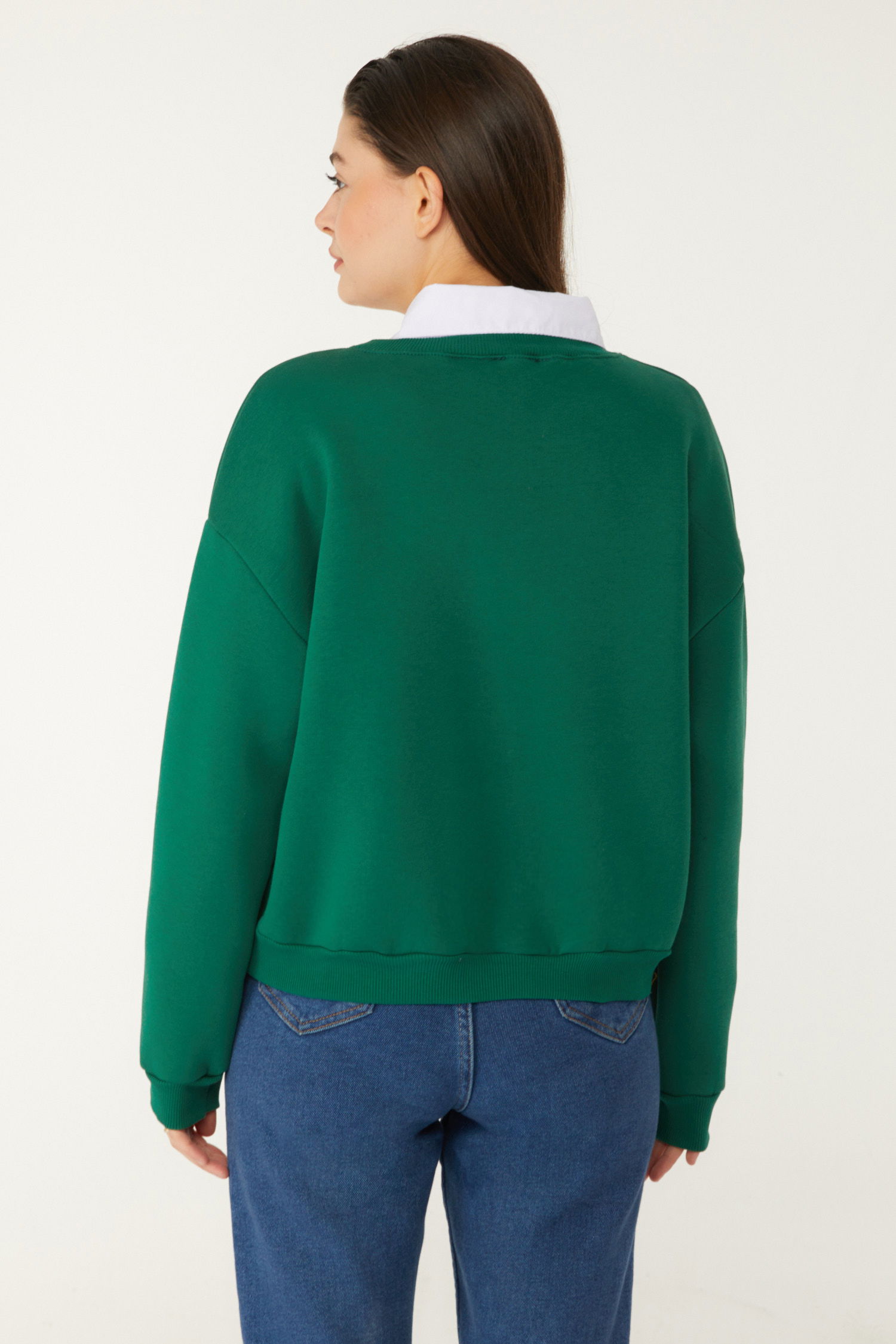 Düz Bisiklet Yaka Kadın Zümrüt Boncuklu Sweatshirt - 26541 - 5